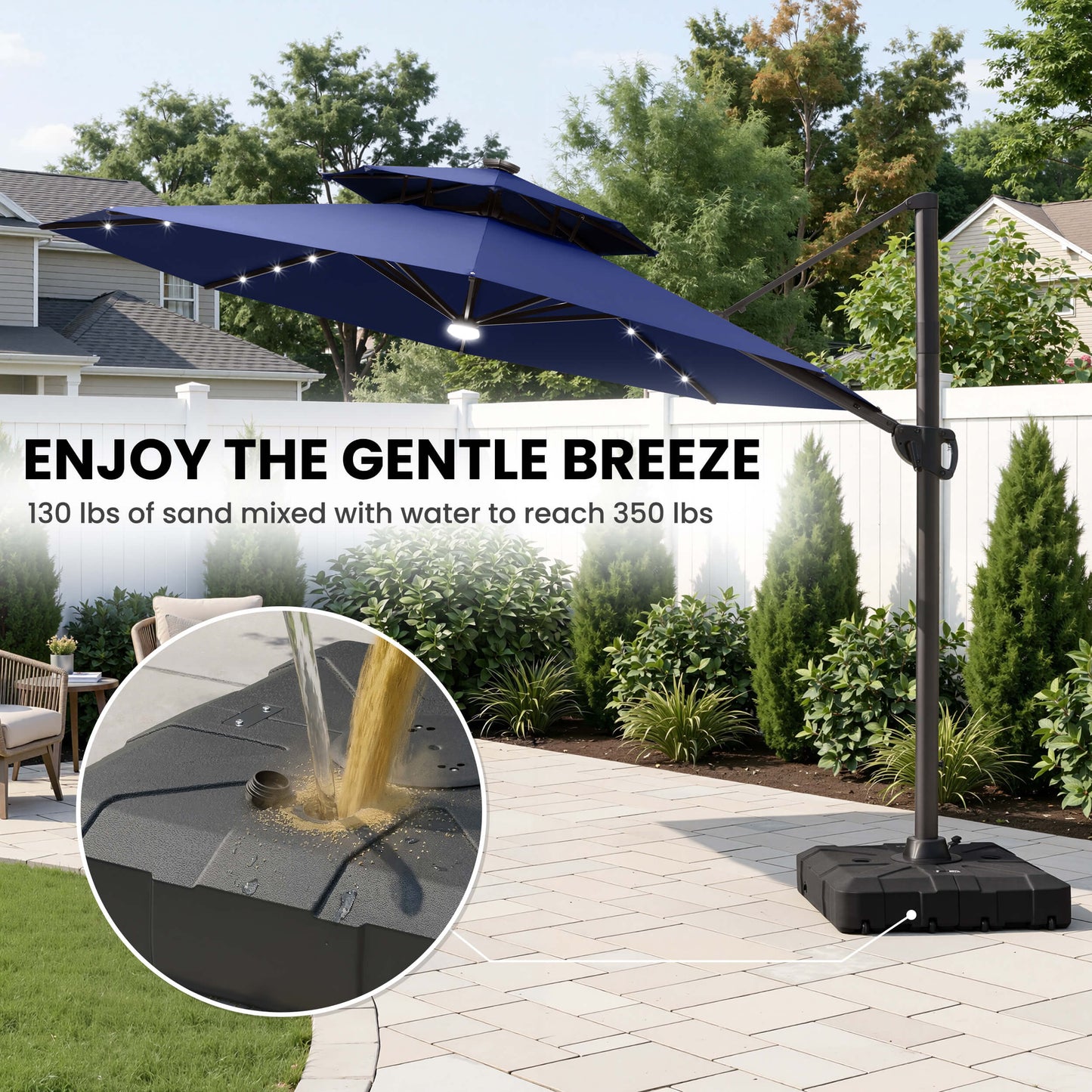 11x11 ft Aluminum Cantilever Patio Umbrella with LED Lights & Double Top (Base Options)