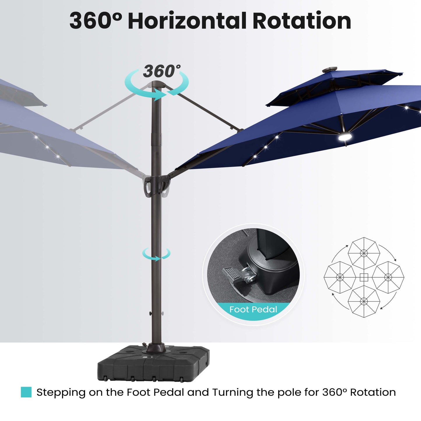 11x11 ft Aluminum Cantilever Patio Umbrella with LED Lights & Double Top (Base Options)