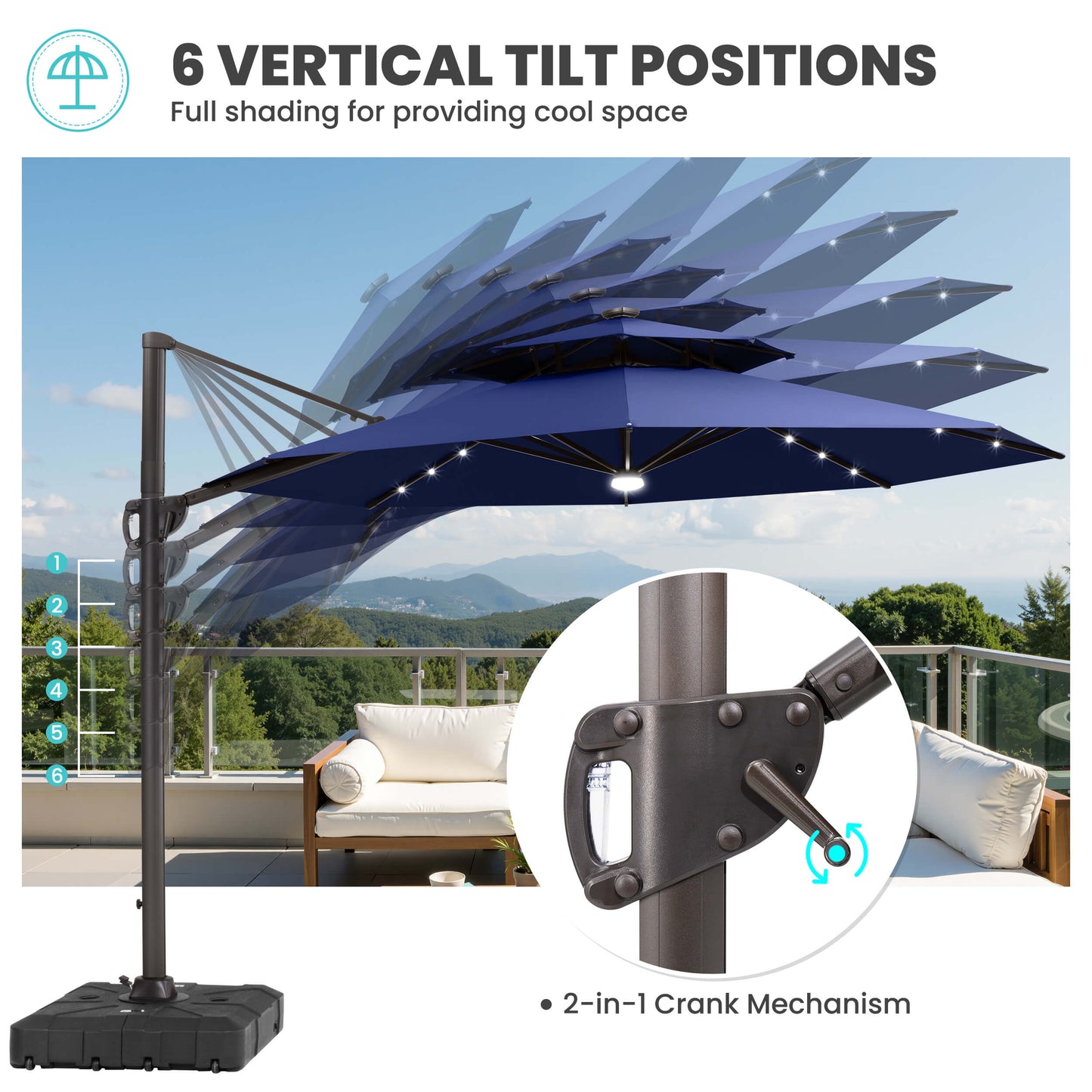 11x11 ft Aluminum Cantilever Patio Umbrella with LED Lights & Double Top (Base Options)