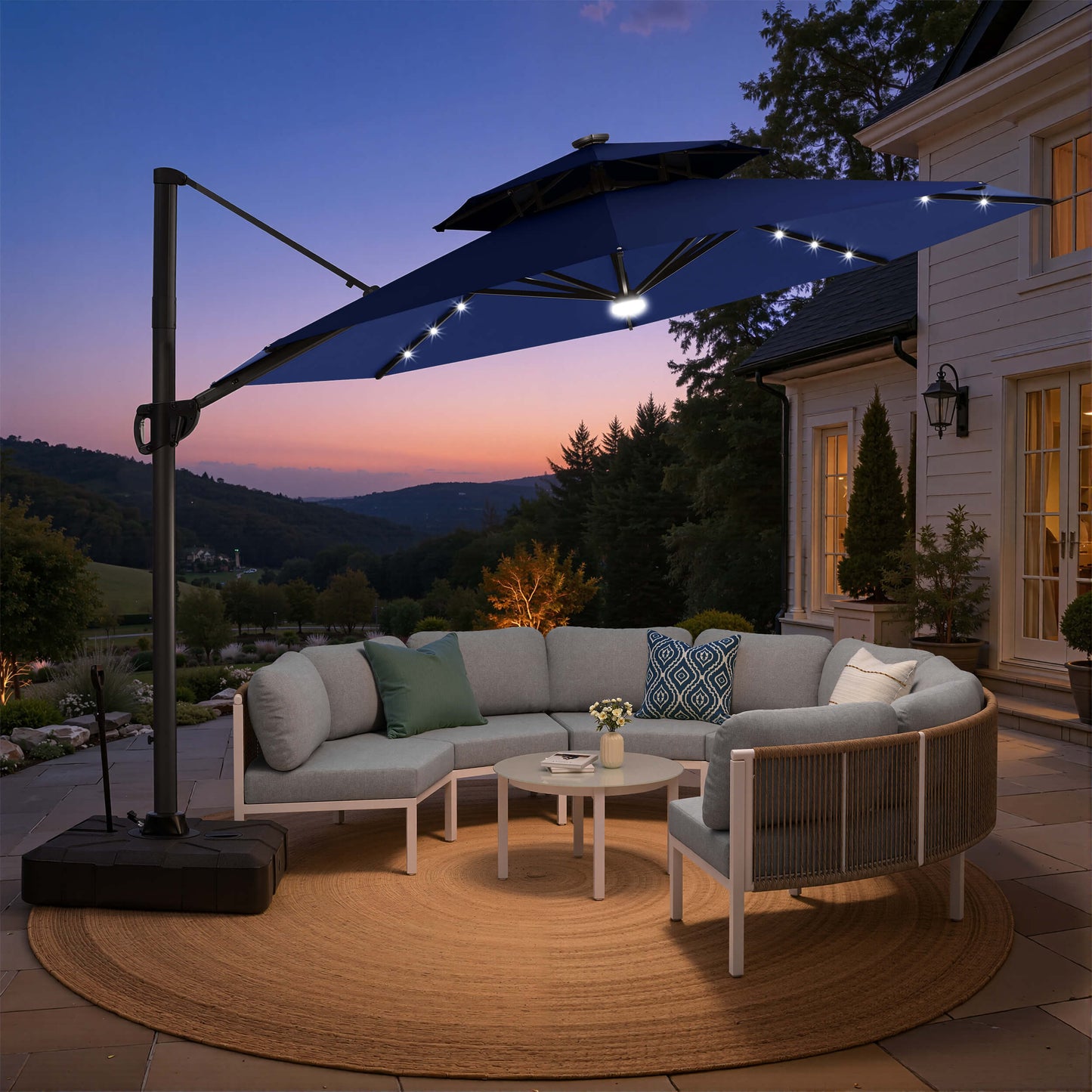 11x11 ft Aluminum Cantilever Patio Umbrella with LED Lights & Double Top (Base Options)