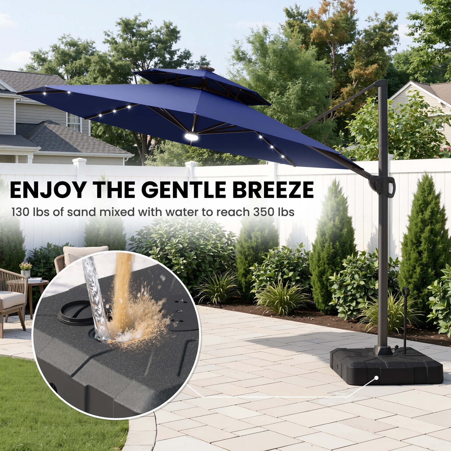11x11 ft Aluminum Cantilever Patio Umbrella with LED Lights & Double Top (Base Options)