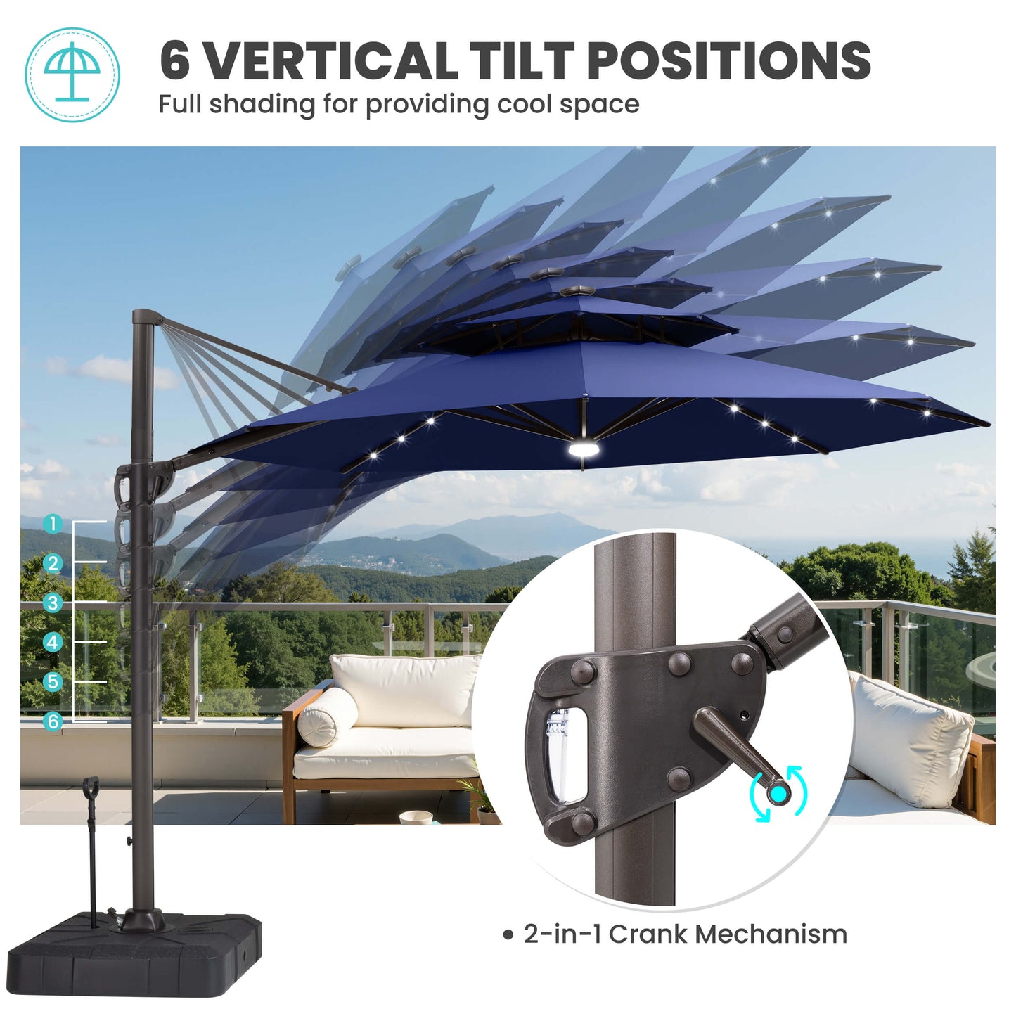 11x11 ft Aluminum Cantilever Patio Umbrella with LED Lights & Double Top (Base Options)