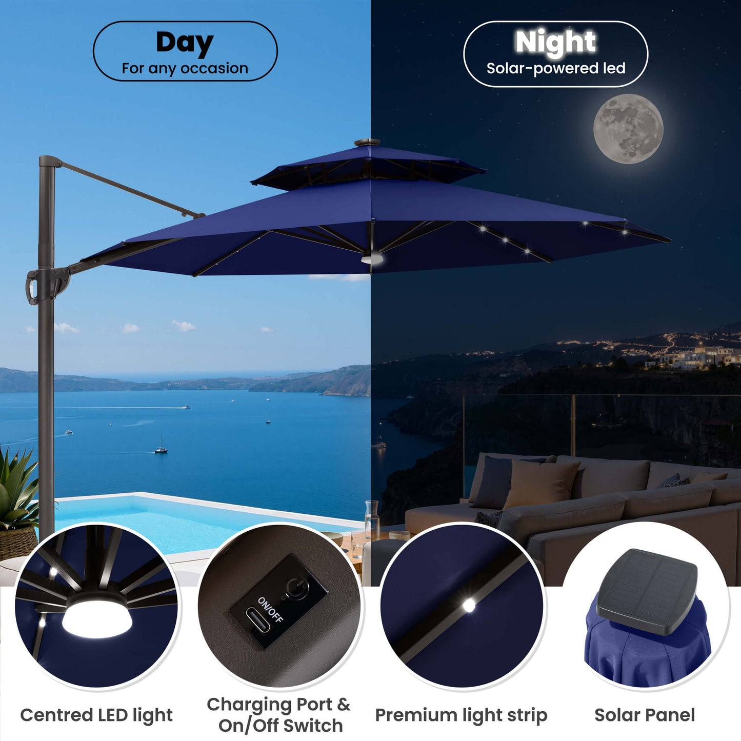 11x11 ft Aluminum Cantilever Patio Umbrella with LED Lights & Double Top (Base Options)