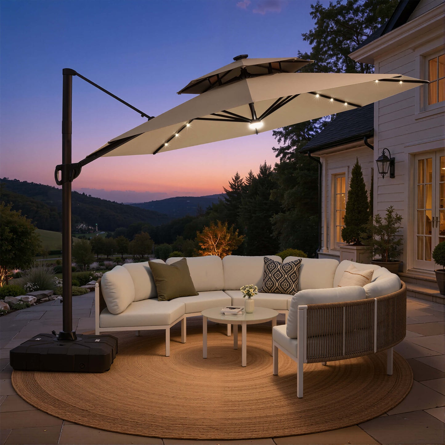 11x11 ft Aluminum Cantilever Patio Umbrella with LED Lights & Double Top (Base Options)