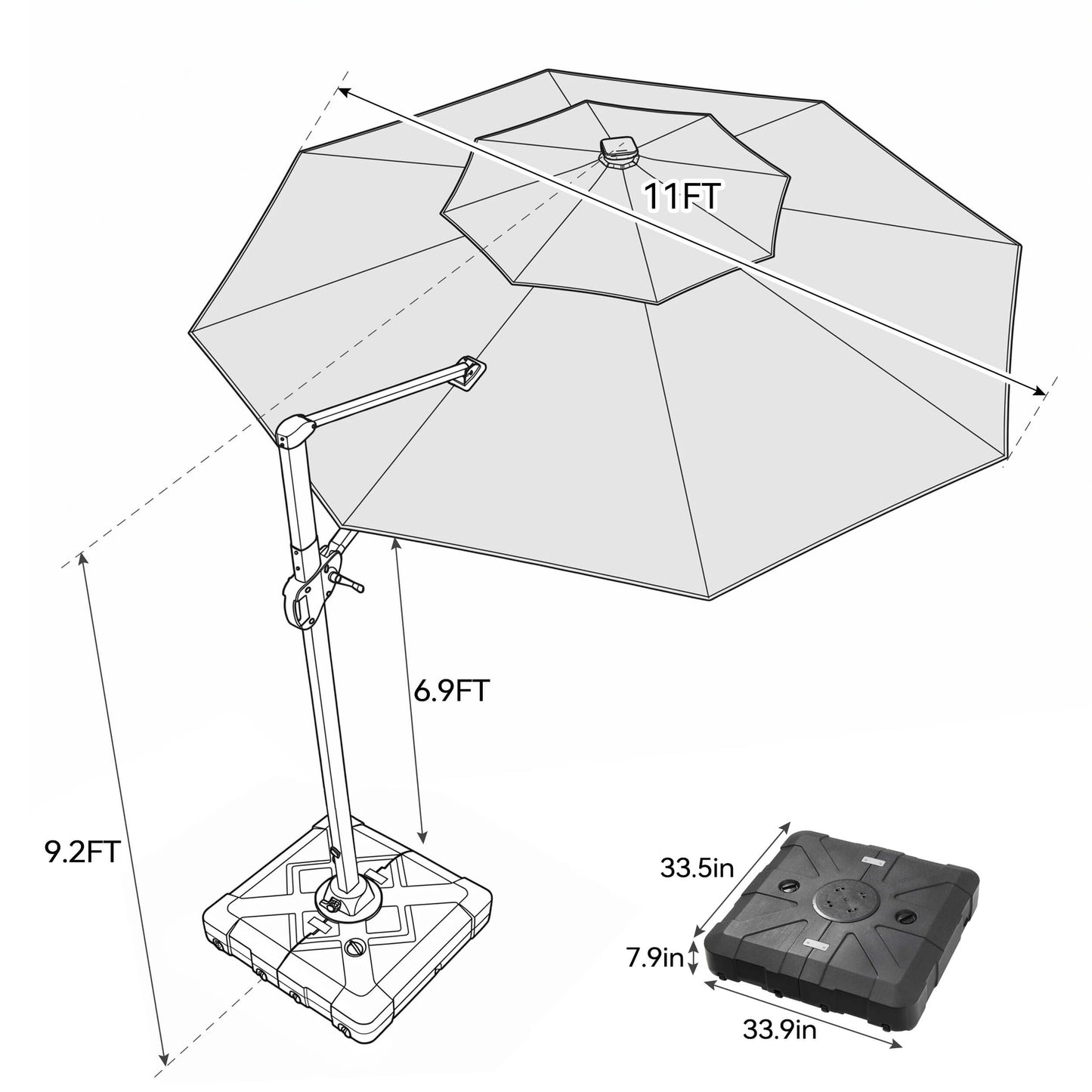 11x11 ft Aluminum Cantilever Patio Umbrella with LED Lights & Double Top (Base Options)