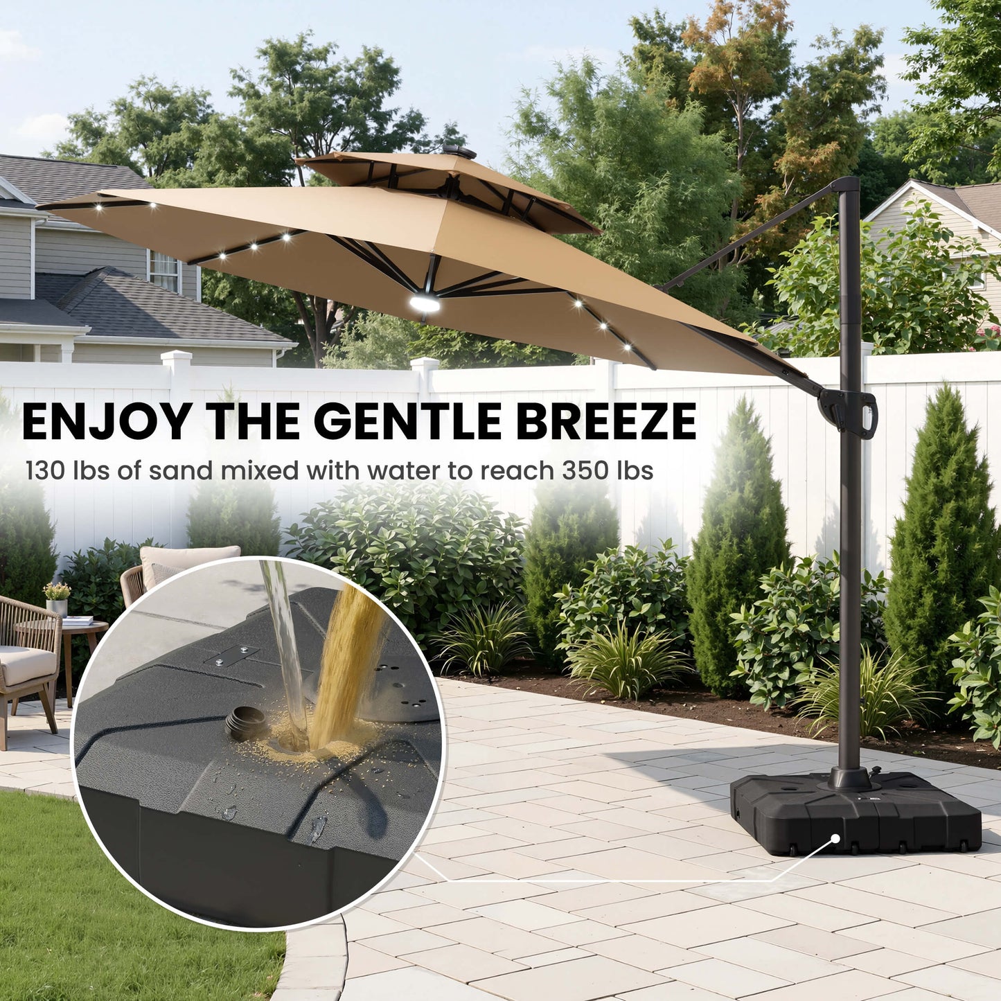 11x11 ft Aluminum Cantilever Patio Umbrella with LED Lights & Double Top (Base Options)