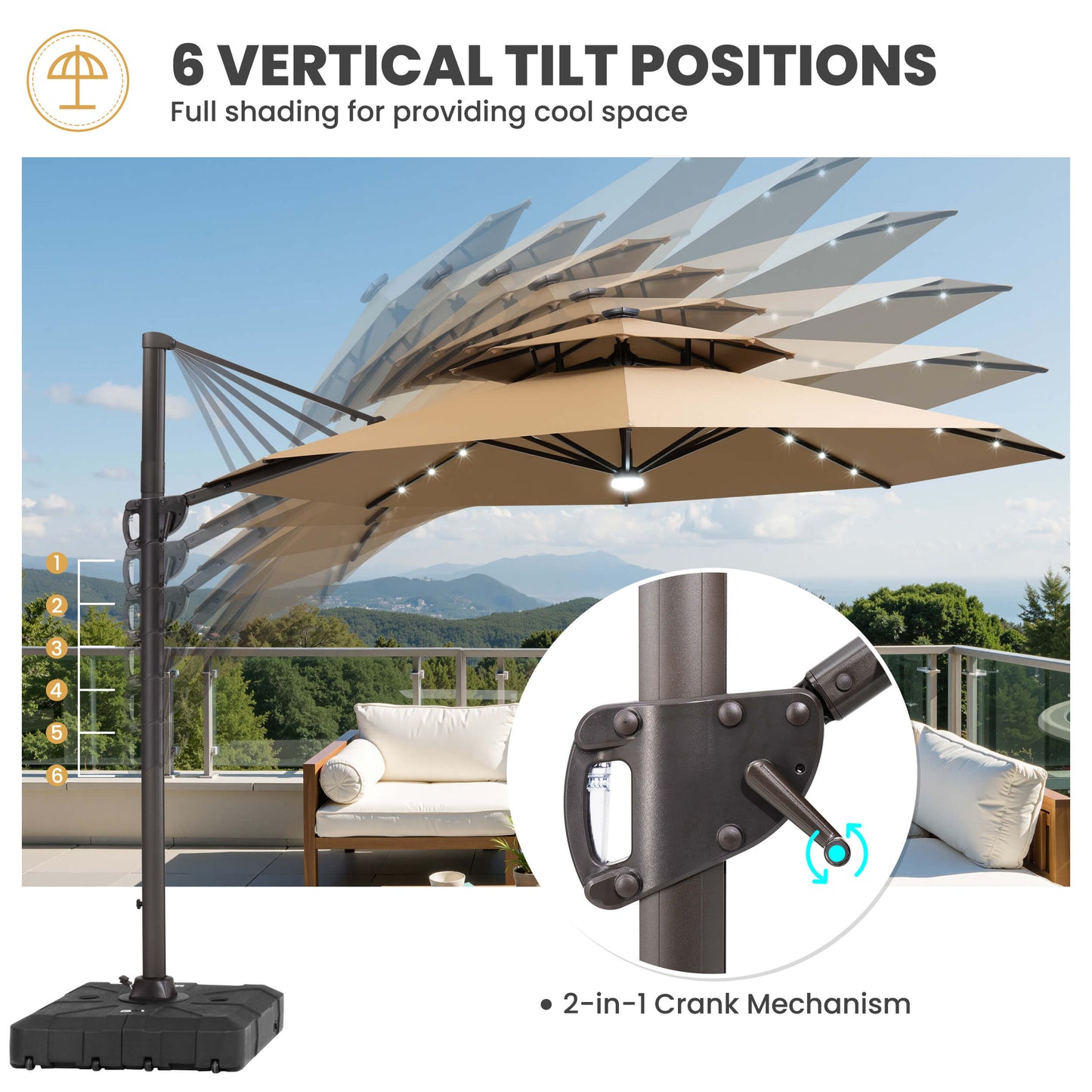 11x11 ft Aluminum Cantilever Patio Umbrella with LED Lights & Double Top (Base Options)