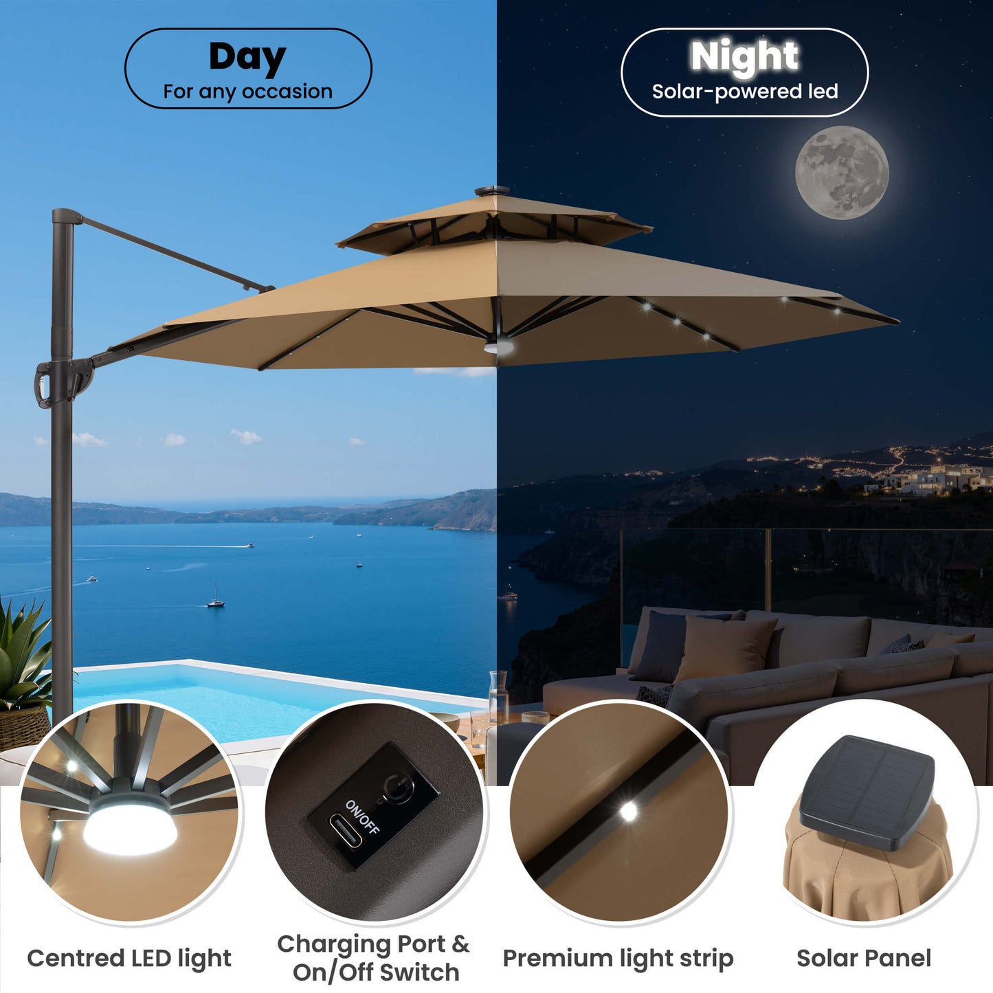 11x11 ft Aluminum Cantilever Patio Umbrella with LED Lights & Double Top (Base Options)