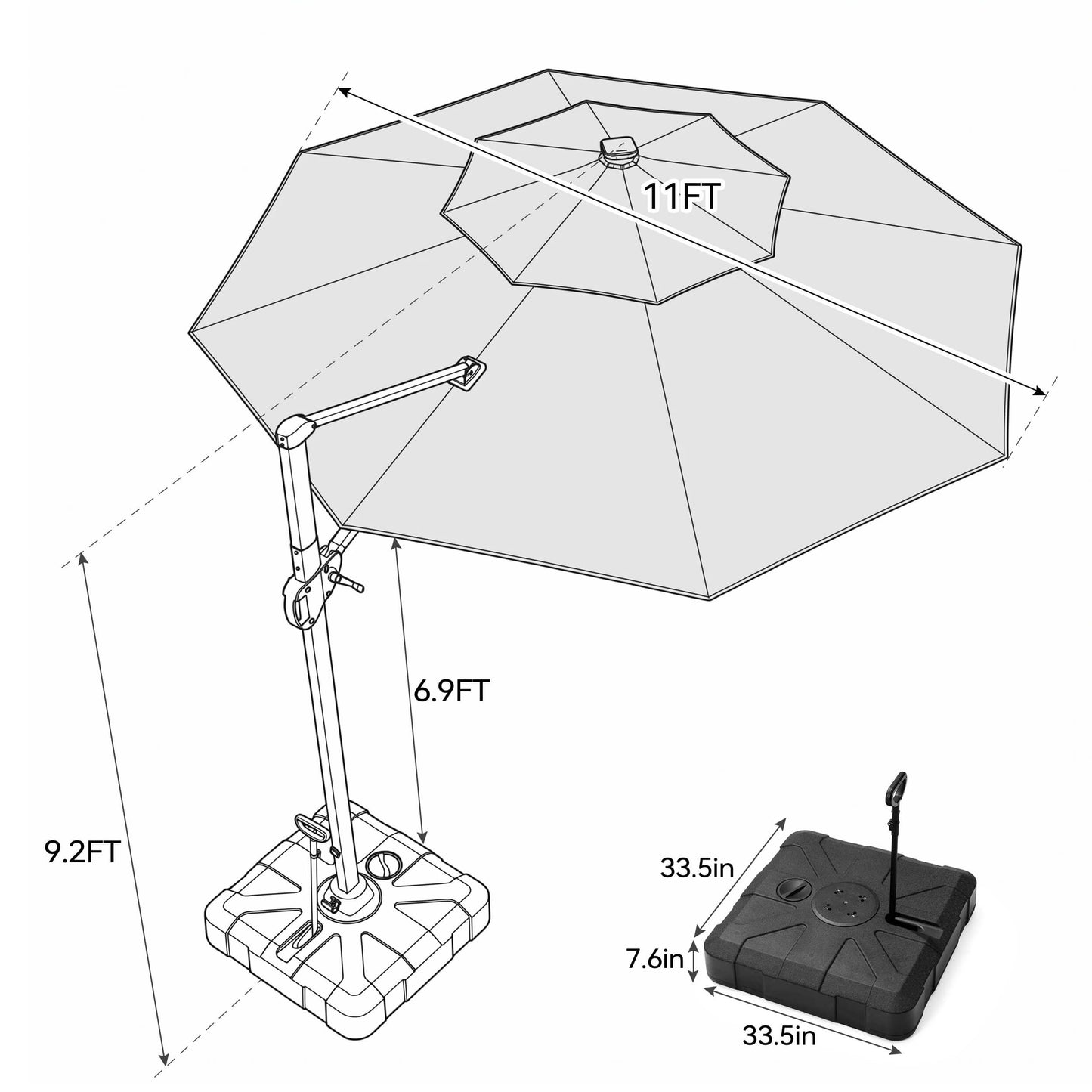 11x11 ft Aluminum Cantilever Patio Umbrella with LED Lights & Double Top (Base Options)