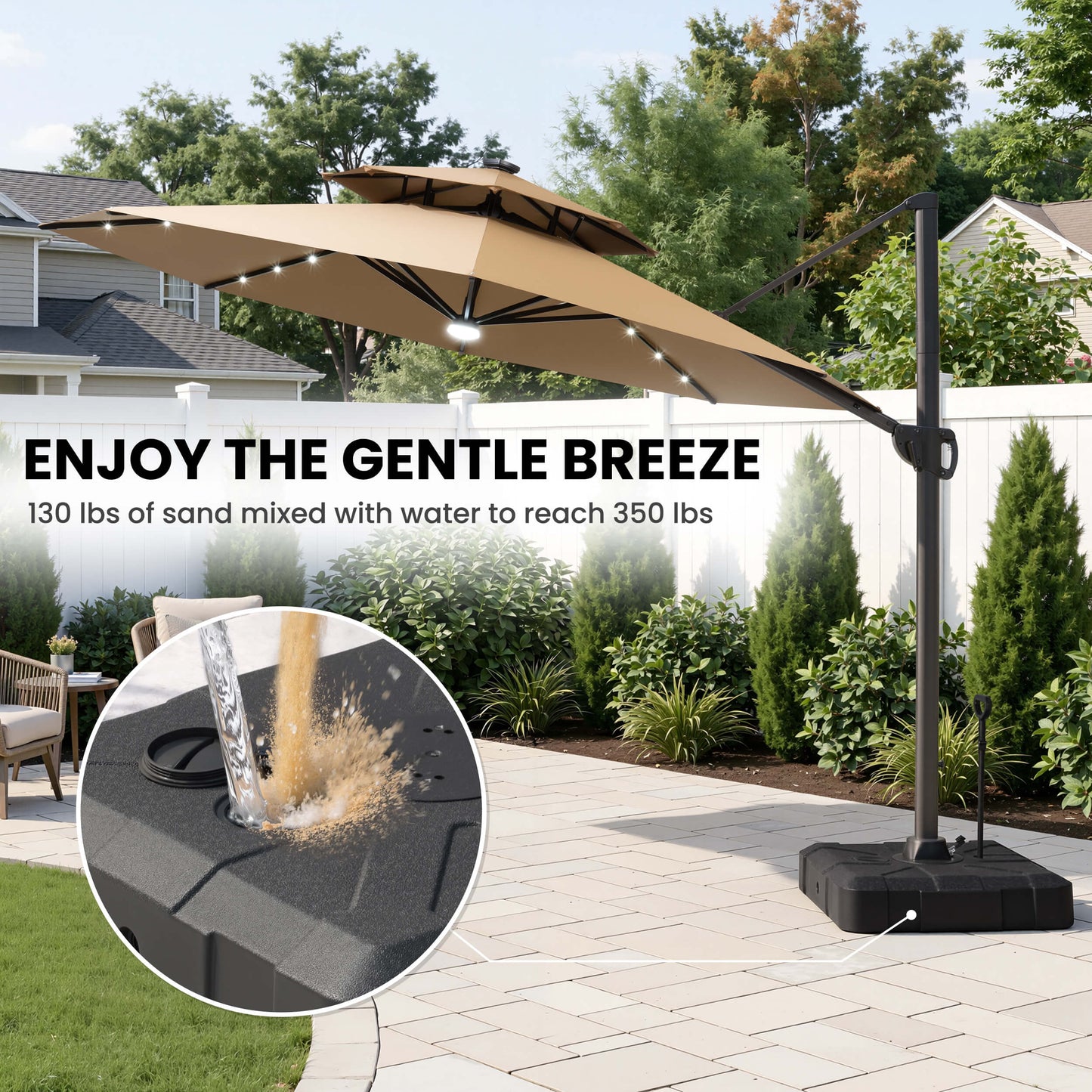 11x11 ft Aluminum Cantilever Patio Umbrella with LED Lights & Double Top (Base Options)