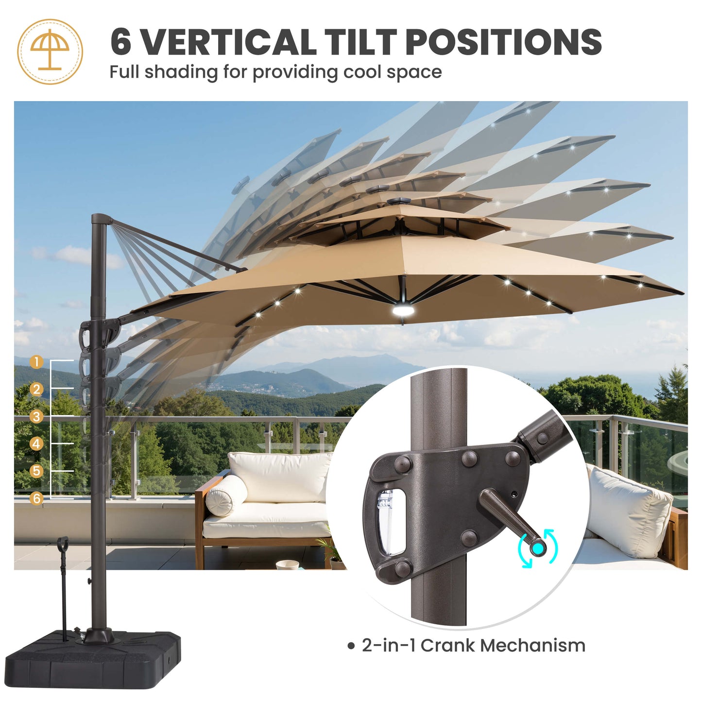 11x11 ft Aluminum Cantilever Patio Umbrella with LED Lights & Double Top (Base Options)