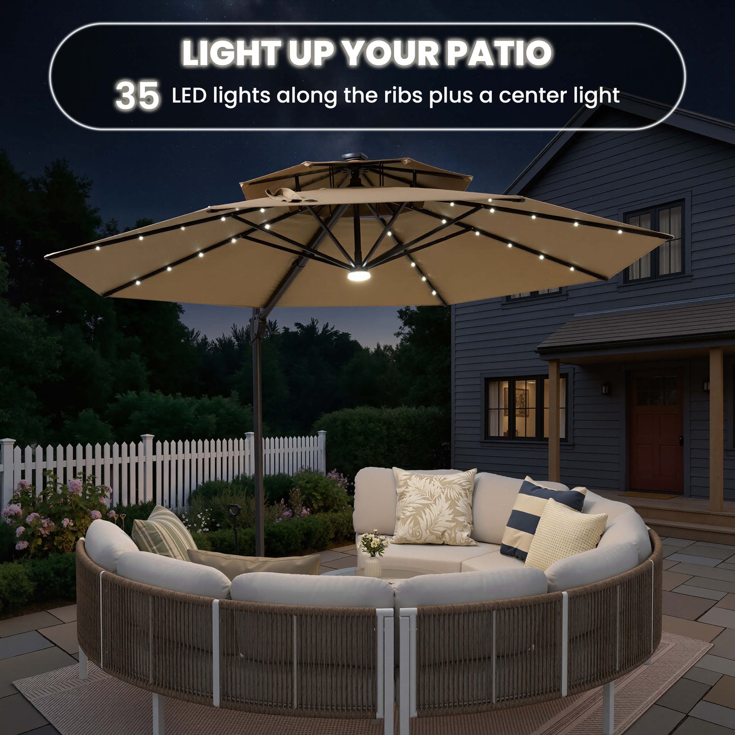 11x11 ft Aluminum Cantilever Patio Umbrella with LED Lights & Double Top (Base Options)