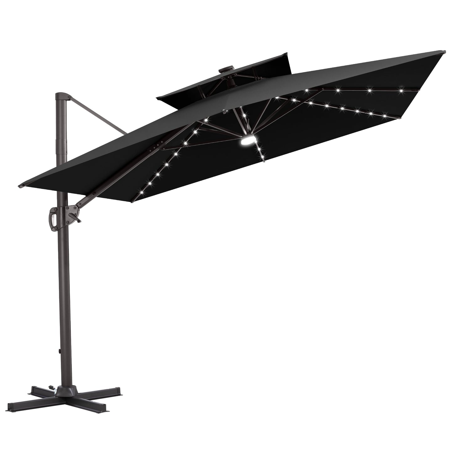 Tilted Crestlive 12x9 ft black lighted cantilever patio umbrella with solar LED lights and steel cross base