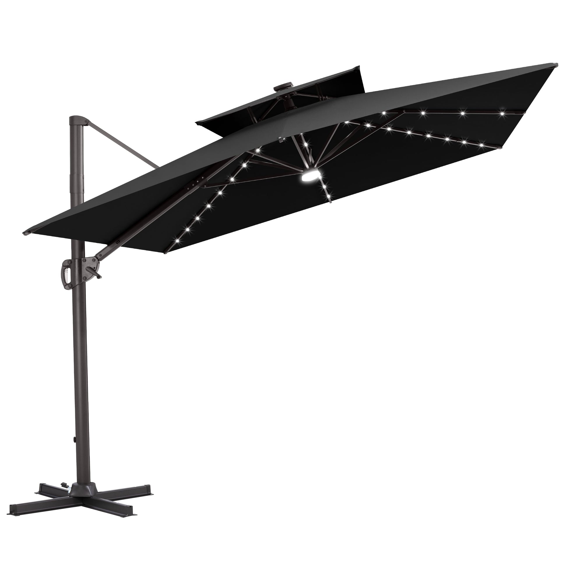 Tilted Crestlive 12x9 ft black lighted cantilever patio umbrella with solar LED lights and steel cross base
