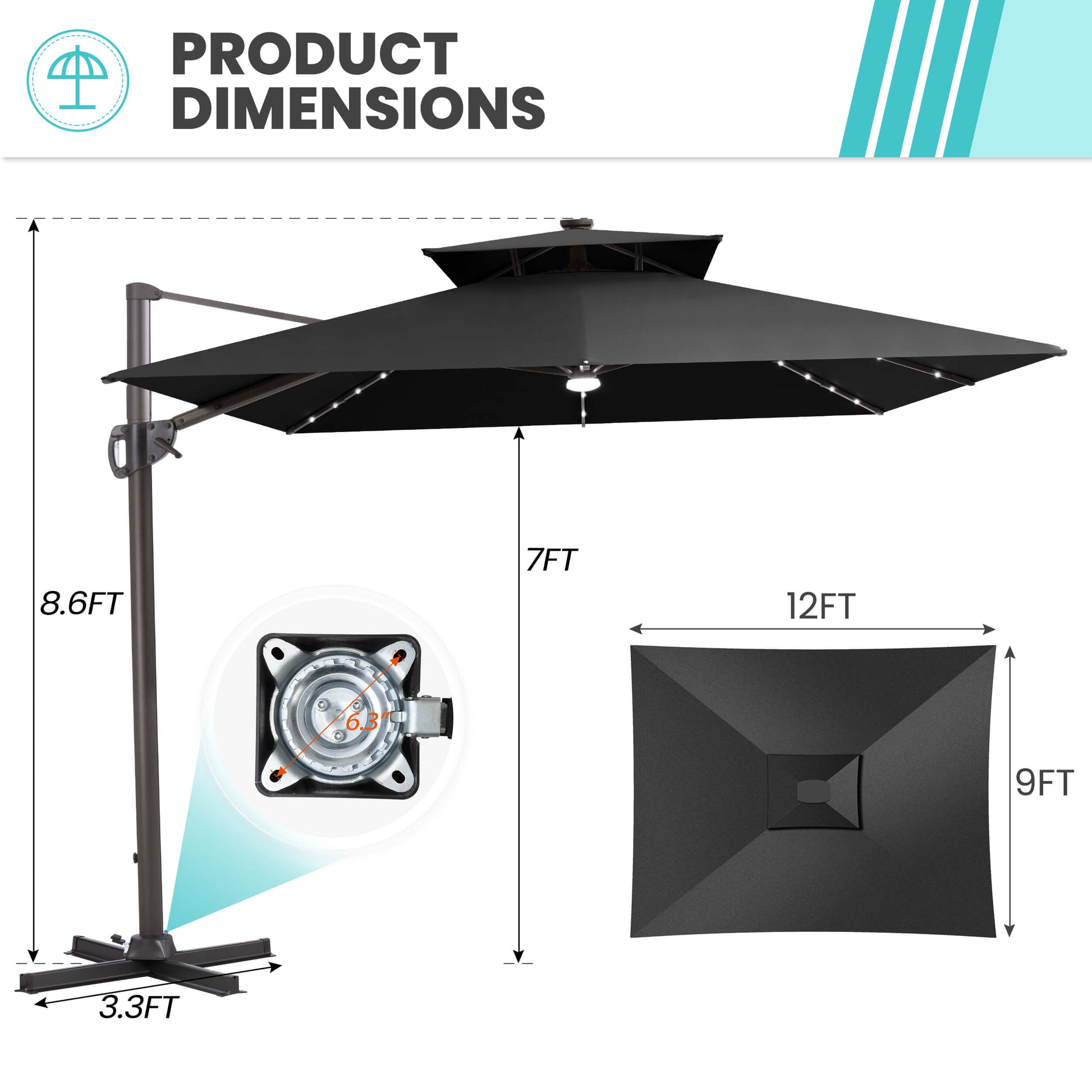 Size guide for Crestlive 12x9 ft black lighted cross base umbrella showing 8.6ft height and 6.3 inch hole distance