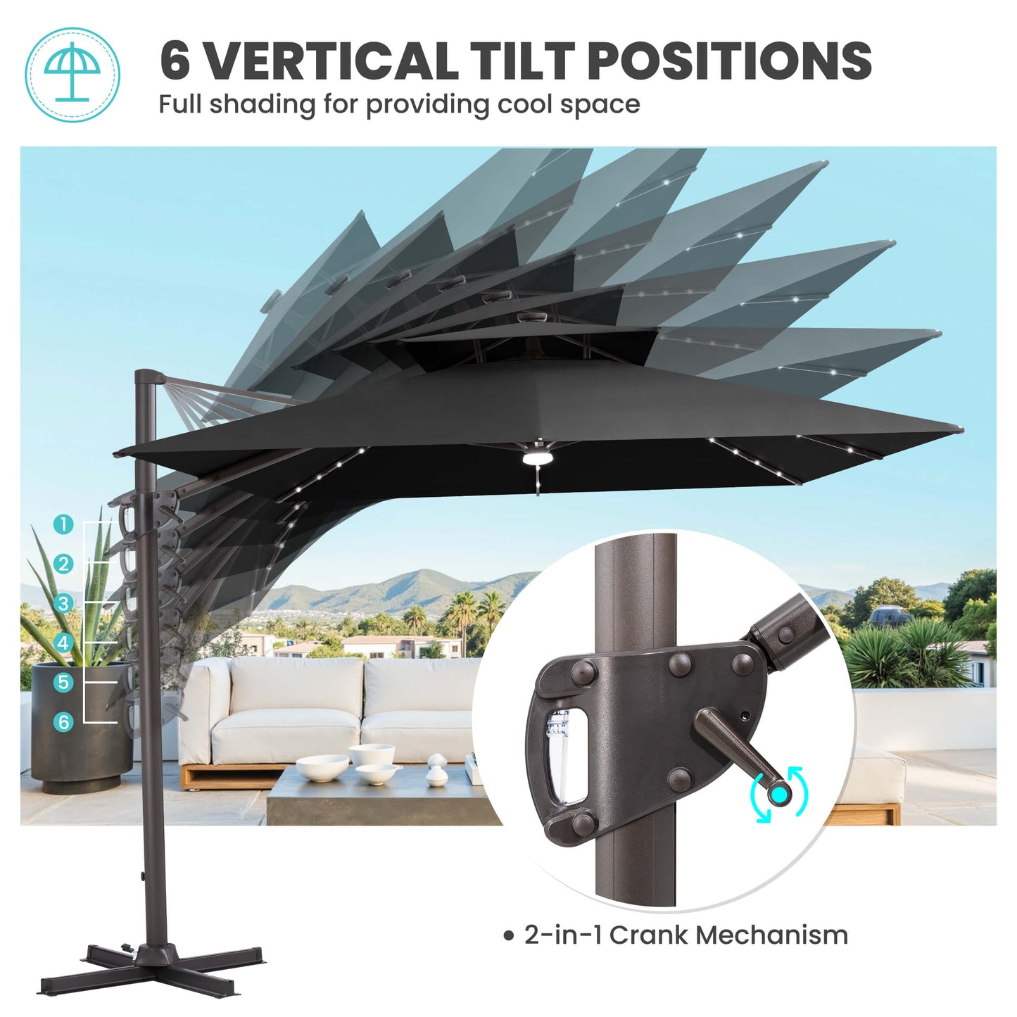 Diagram showing 6 vertical tilt positions and 2-in-1 crank on black lighted cantilever umbrella with cross base