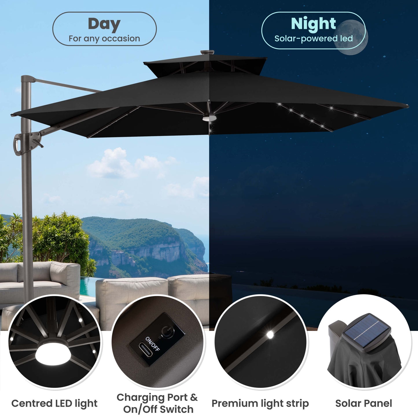 Day and night view of black lighted cantilever umbrella showing solar panel, LED light strips, and charging switch