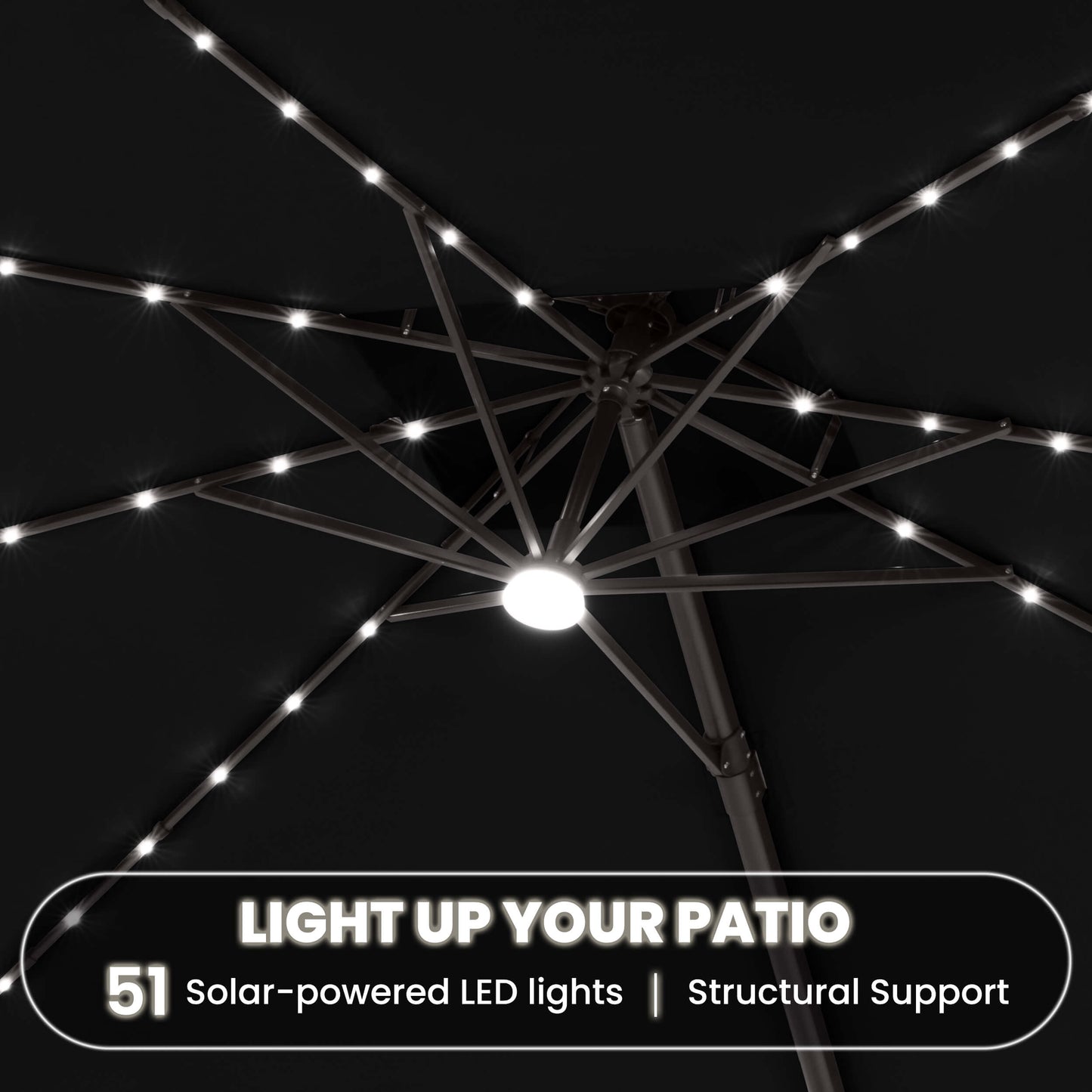 Close up of 51 solar-powered LED lights on the ribs of a black cantilever patio umbrella with center light