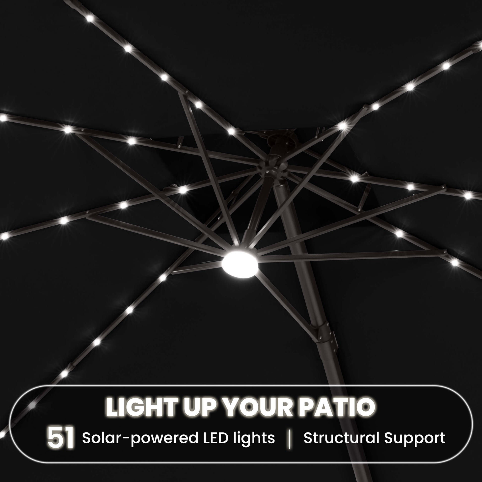 Close up of 51 solar-powered LED lights on the ribs of a black cantilever patio umbrella with center light