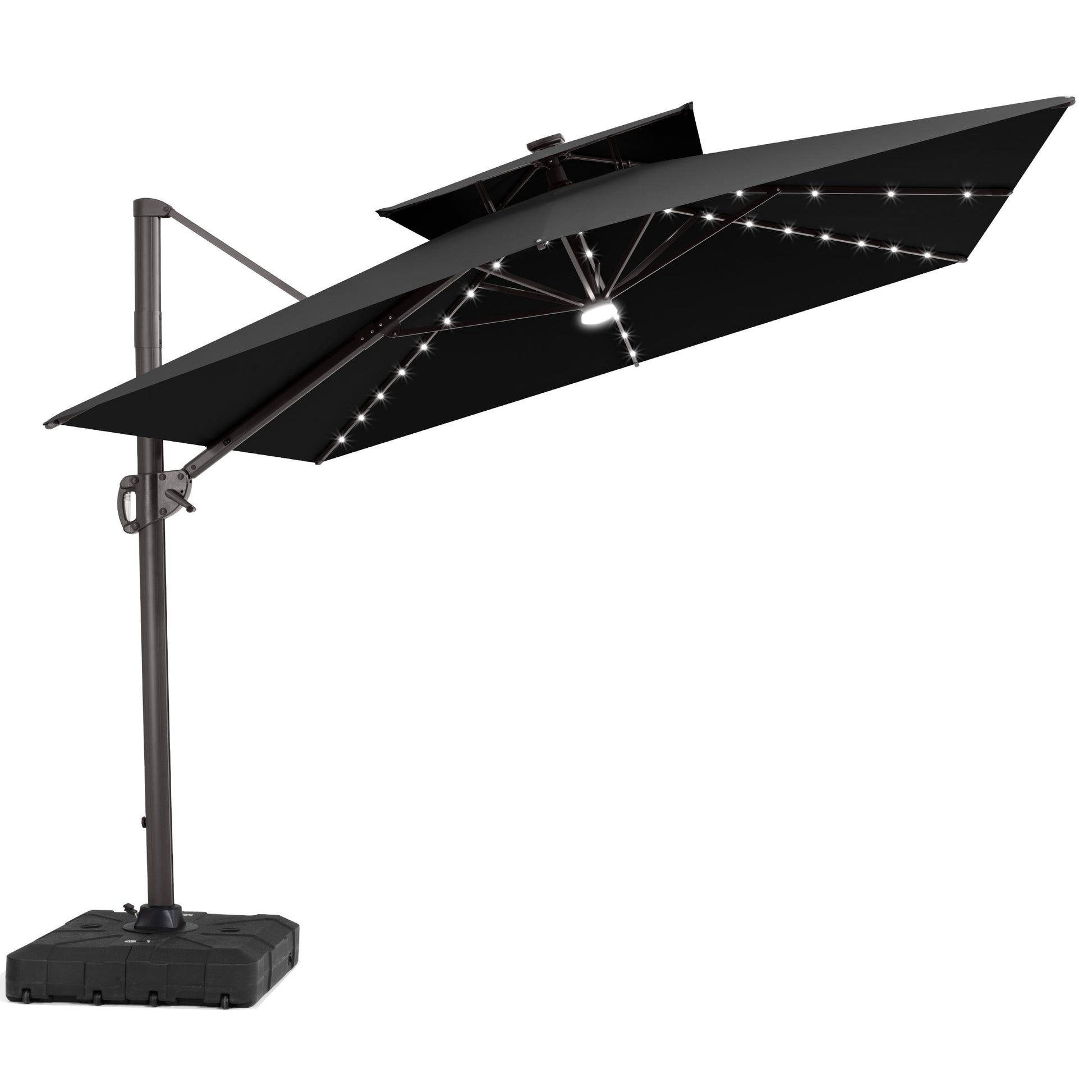 Crestlive 11x9 ft black rectangular cantilever patio umbrella with solar LED rib lights and heavy-duty wheeled base