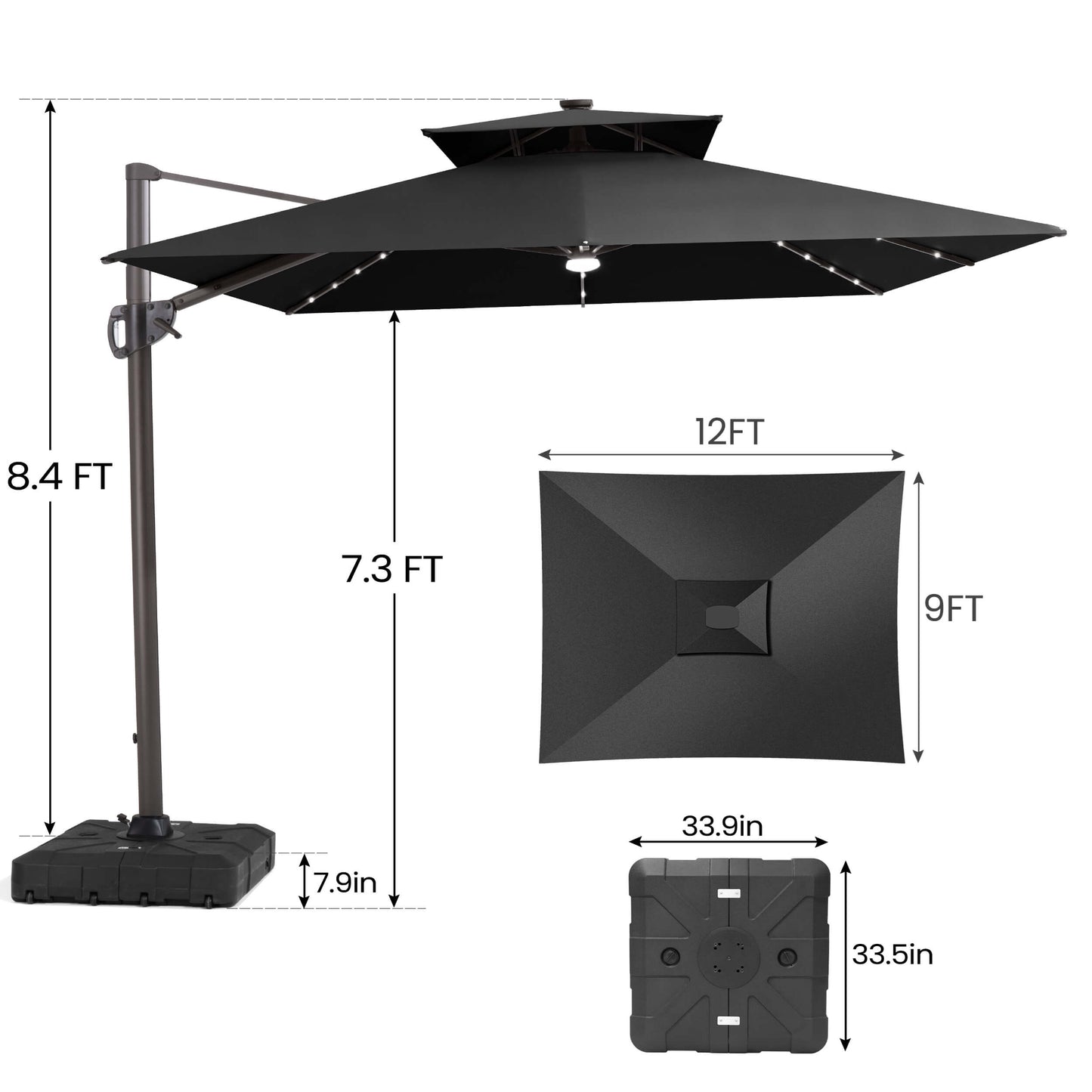 Size guide for Crestlive 12x9 ft black lighted cantilever patio umbrella showing 8.4ft total height and base dimensions