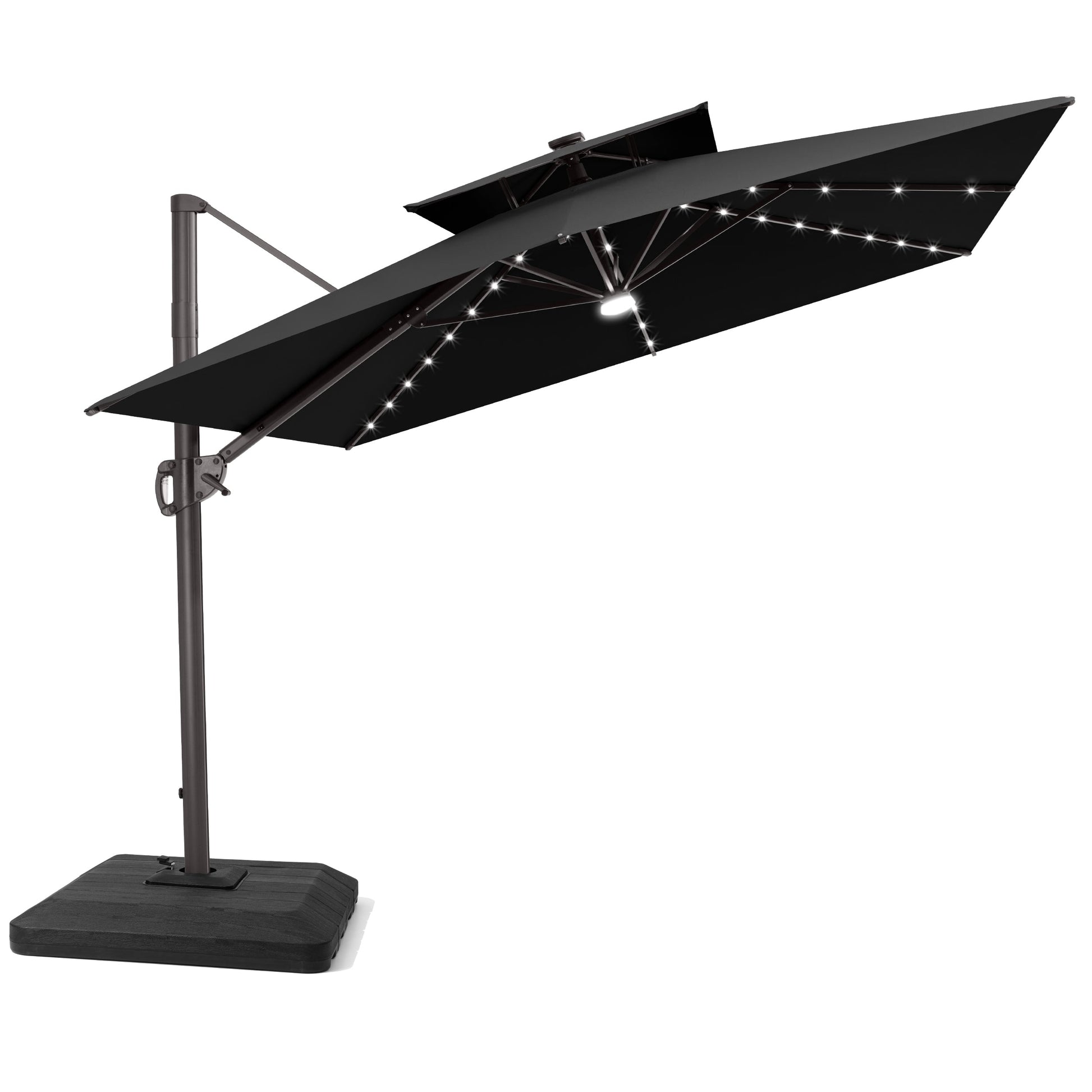 Tilted Crestlive 12x9 ft black lighted cantilever patio umbrella with solar LED lights and low-profile base