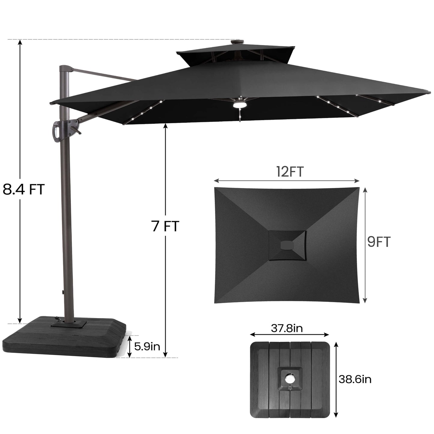 Size guide for Crestlive 12x9 ft black lighted cantilever umbrella showing 8.4ft total height and low-profile base