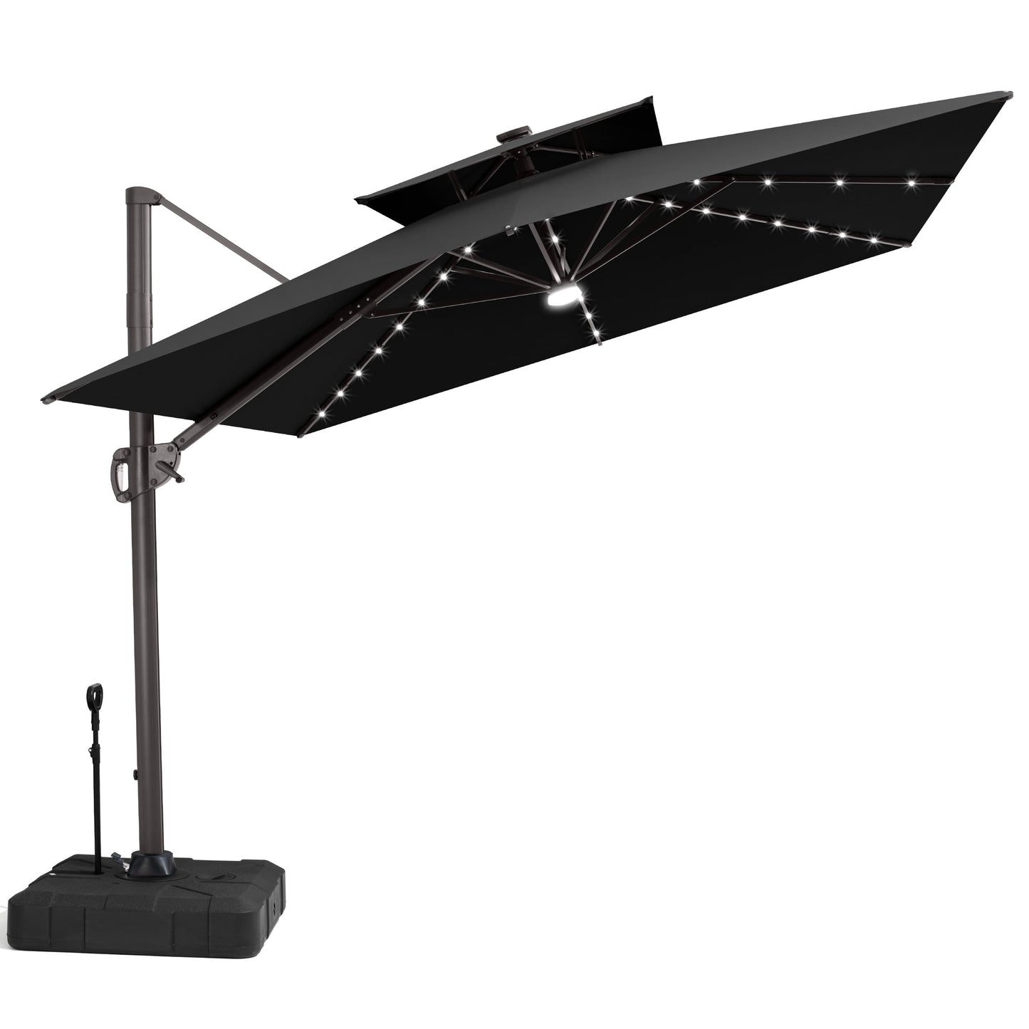 Tilted Crestlive 12x9 ft black lighted cantilever patio umbrella with solar LED lights and wheeled base