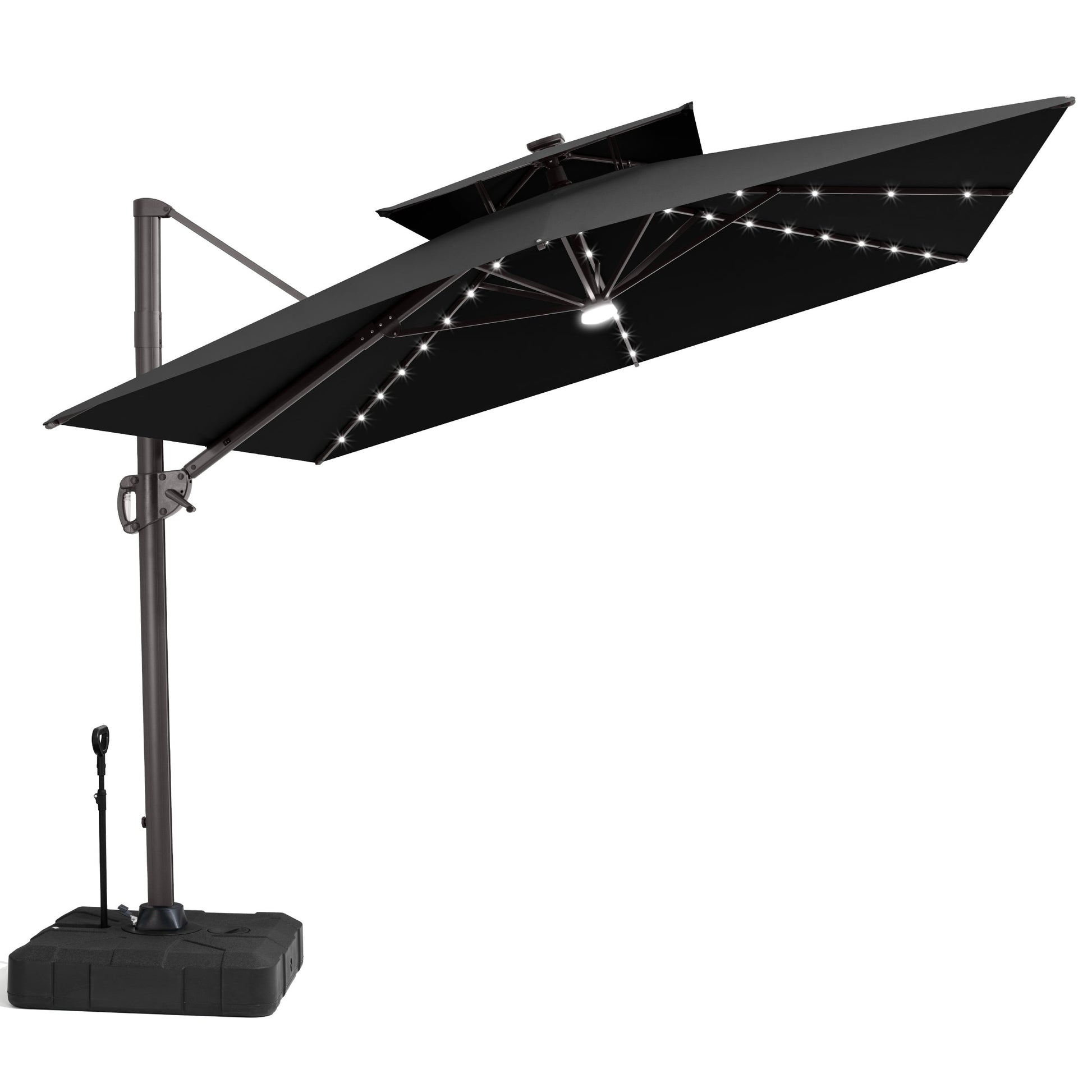 Tilted Crestlive 12x9 ft black lighted cantilever patio umbrella with solar LED lights and wheeled base