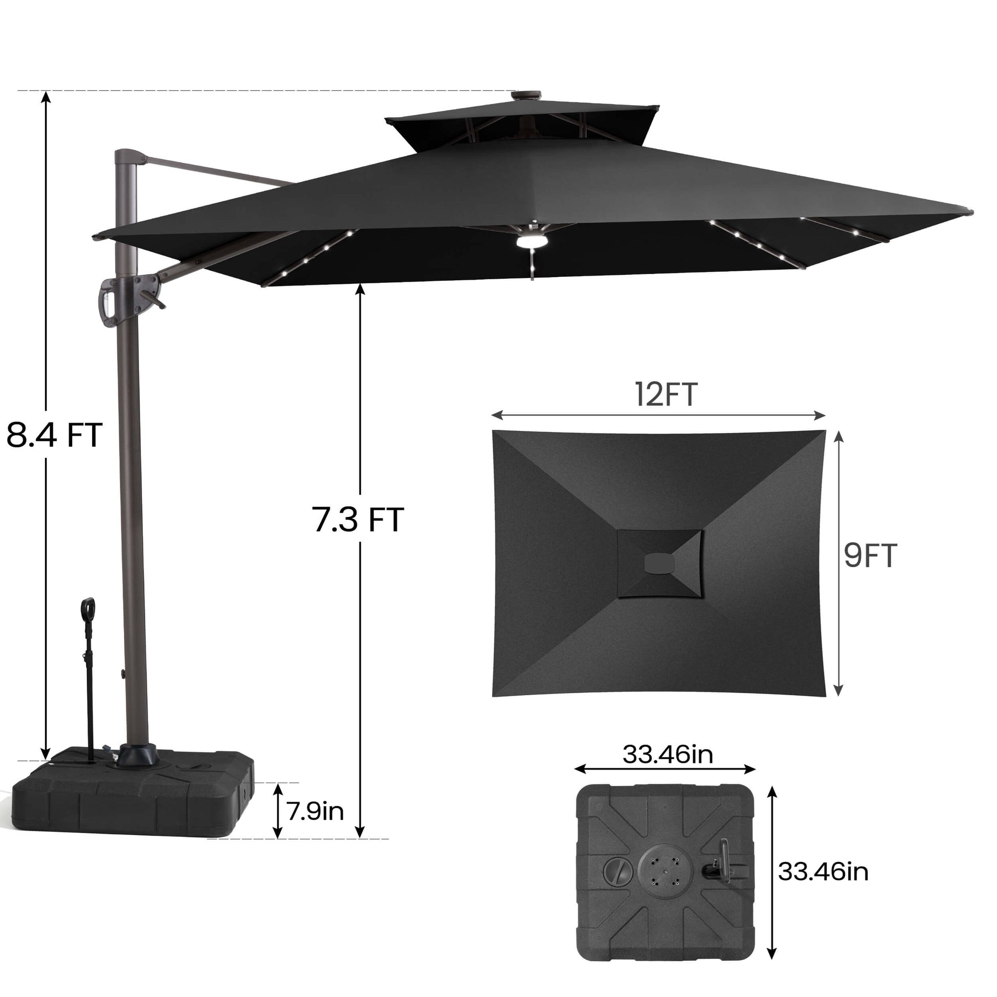 Size guide for Crestlive 12x9 ft black lighted cantilever umbrella showing 8.4ft total height and wheeled base