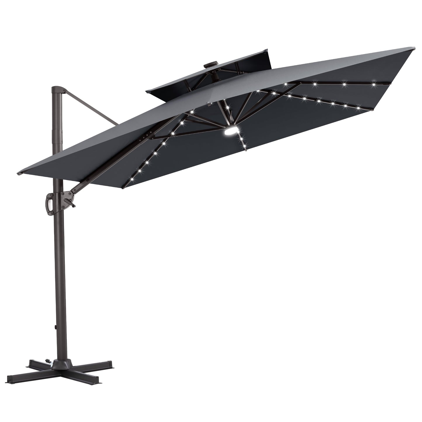 Tilted Crestlive 12x9 ft grey lighted cantilever patio umbrella with solar LED lights and steel cross base