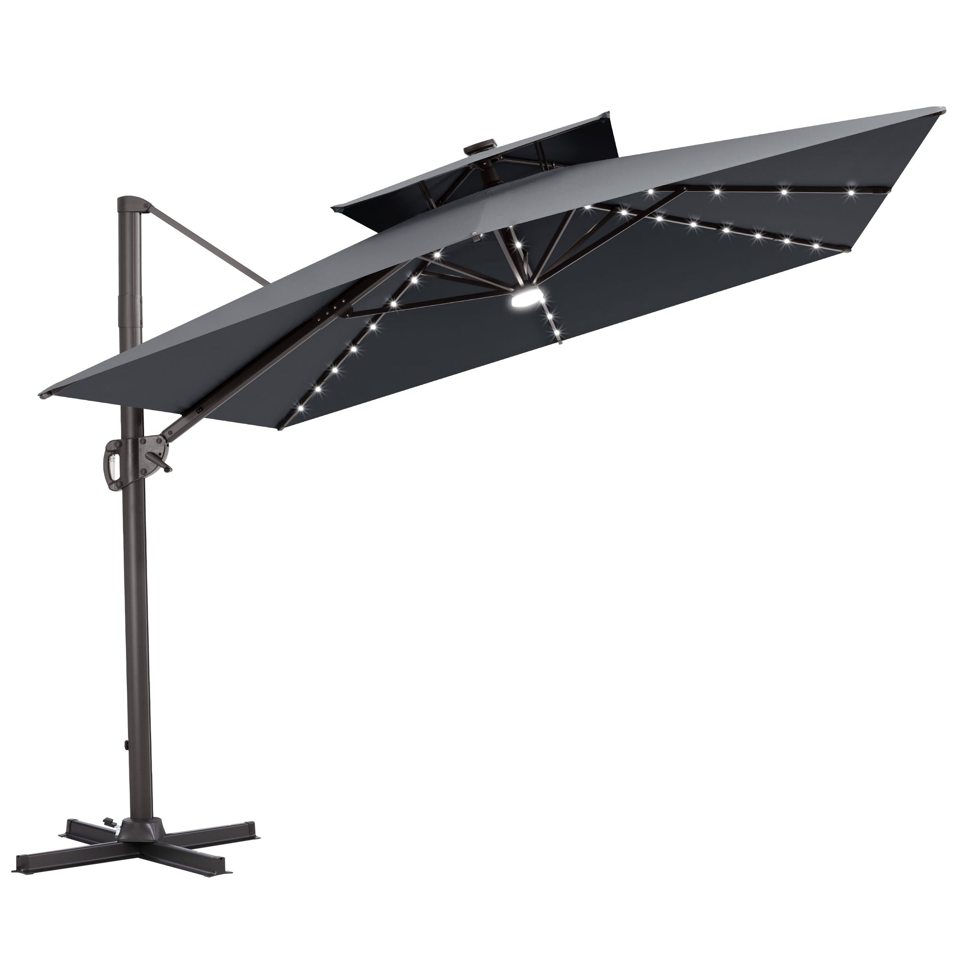 Tilted Crestlive 12x9 ft grey lighted cantilever patio umbrella with solar LED lights and steel cross base