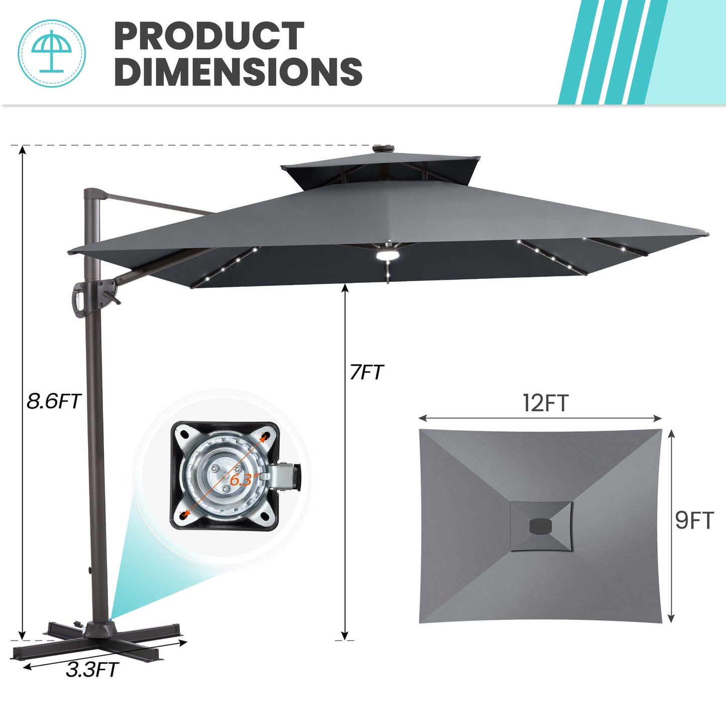 Size guide for Crestlive 12x9 ft grey lighted cross base umbrella showing 8.6ft height and 6.3 inch hole distance