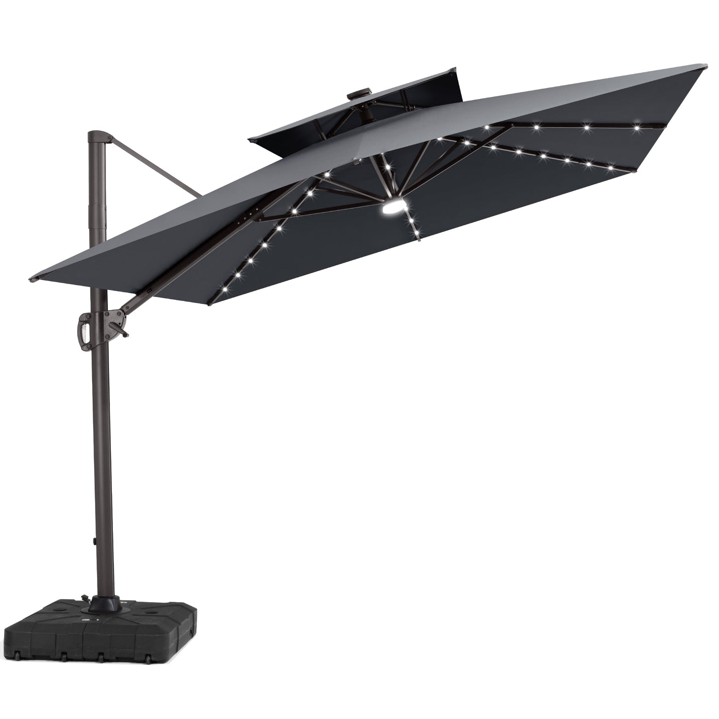 Tilted Crestlive 12x9 ft grey lighted cantilever patio umbrella with solar LED lights and heavy-duty base