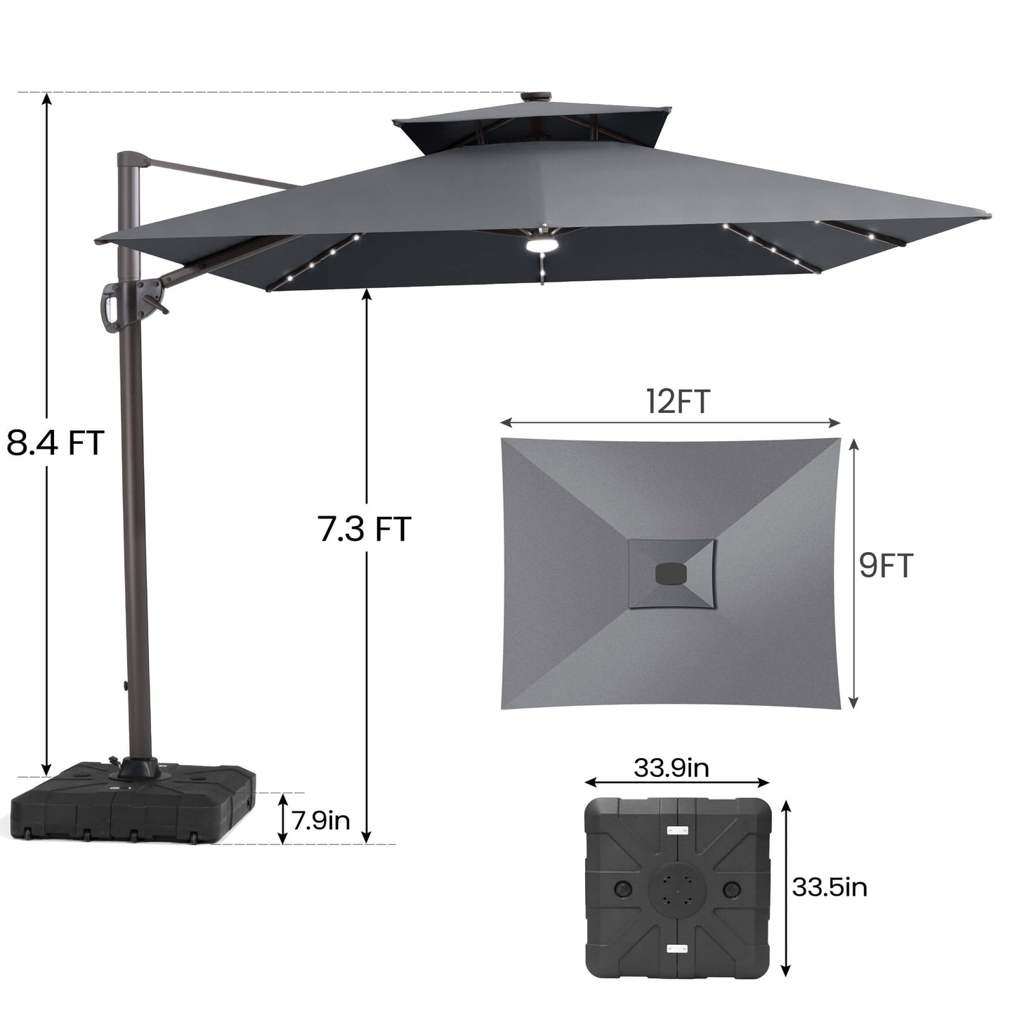 Size guide for Crestlive 12x9 ft grey lighted cantilever patio umbrella showing 8.4ft total height and base dimensions