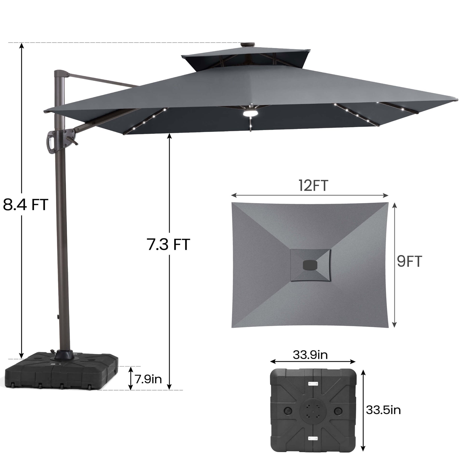 Size guide for Crestlive 12x9 ft grey lighted cantilever patio umbrella showing 8.4ft total height and base dimensions