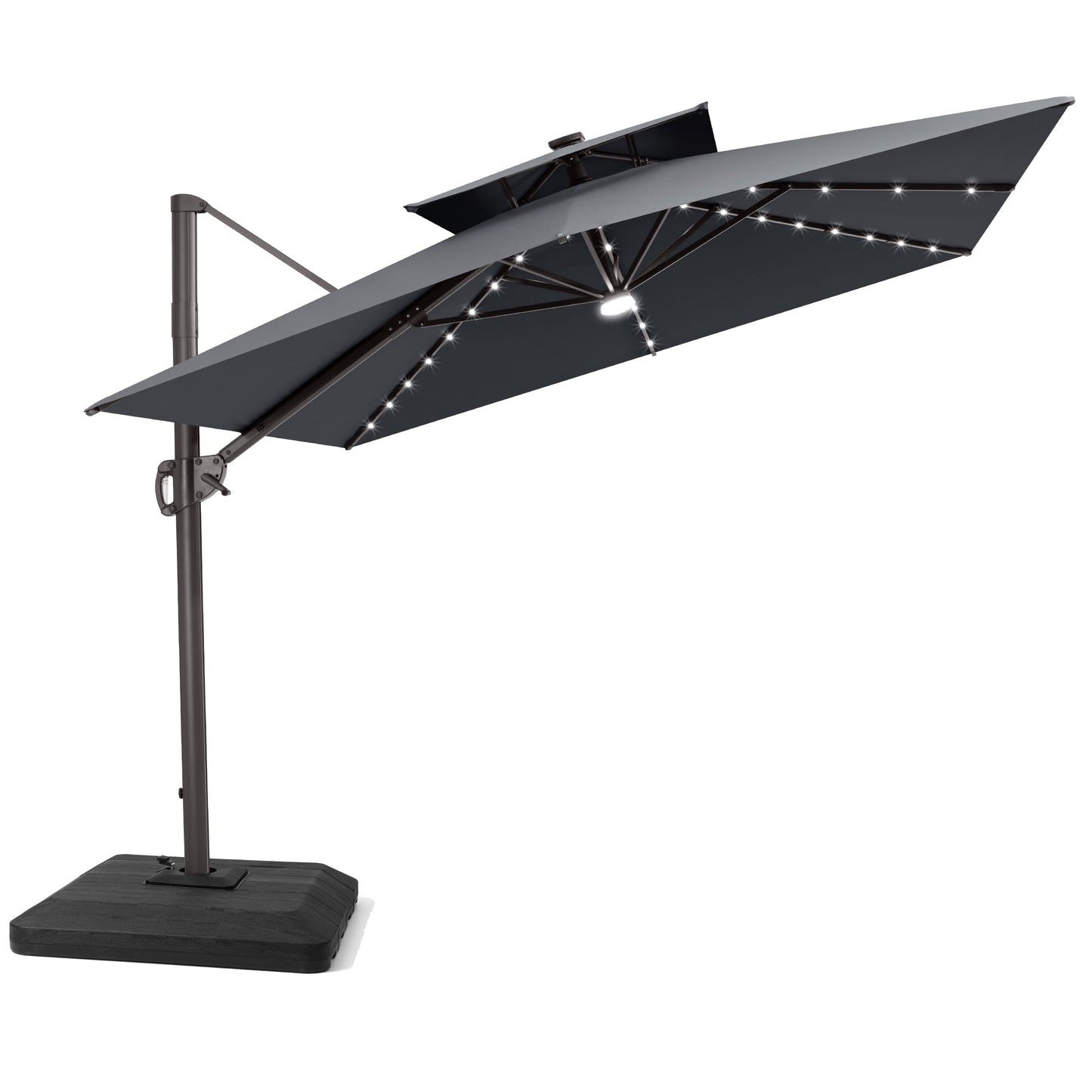 Tilted Crestlive 12x9 ft grey lighted cantilever patio umbrella with solar LED lights and low-profile base