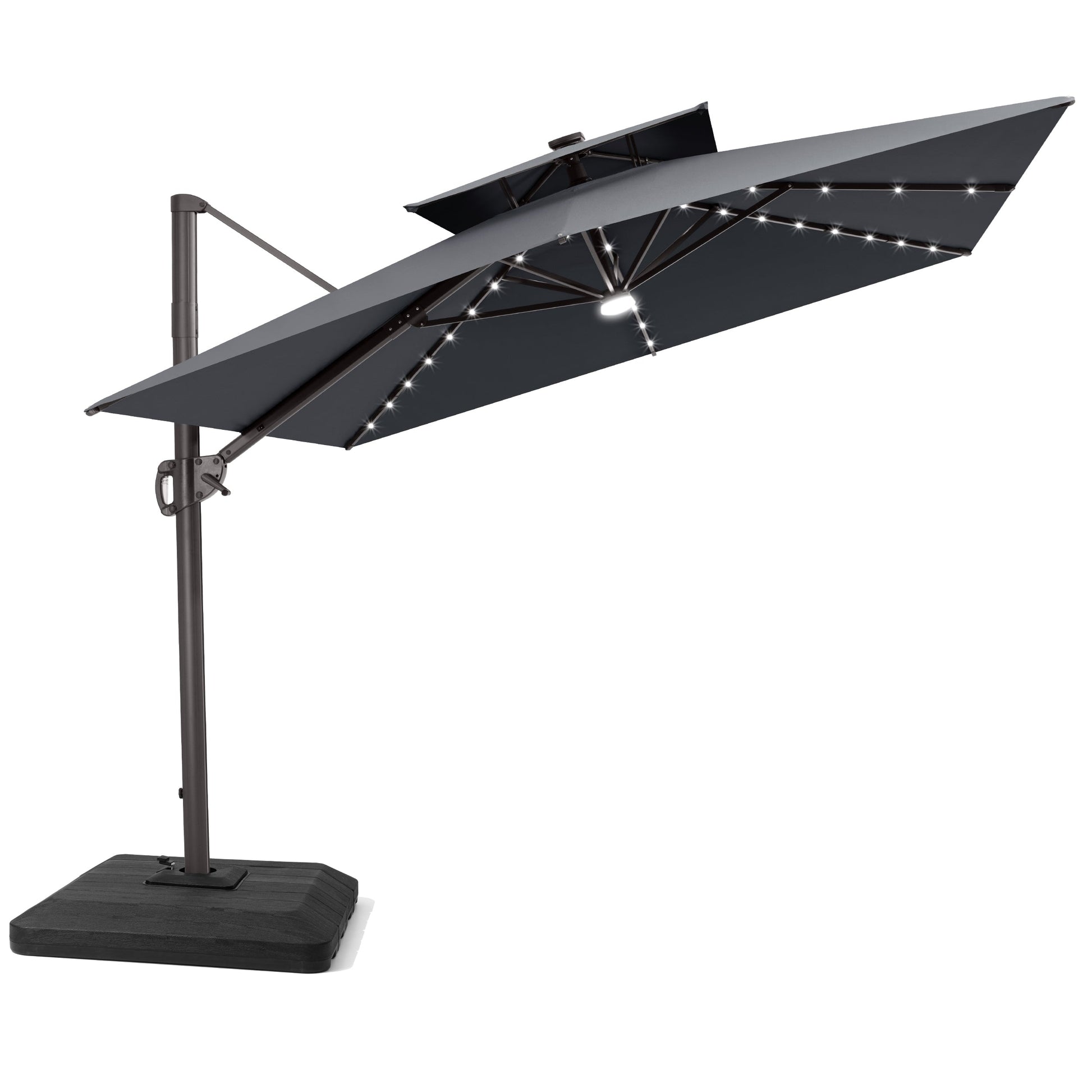 Tilted Crestlive 12x9 ft grey lighted cantilever patio umbrella with solar LED lights and low-profile base