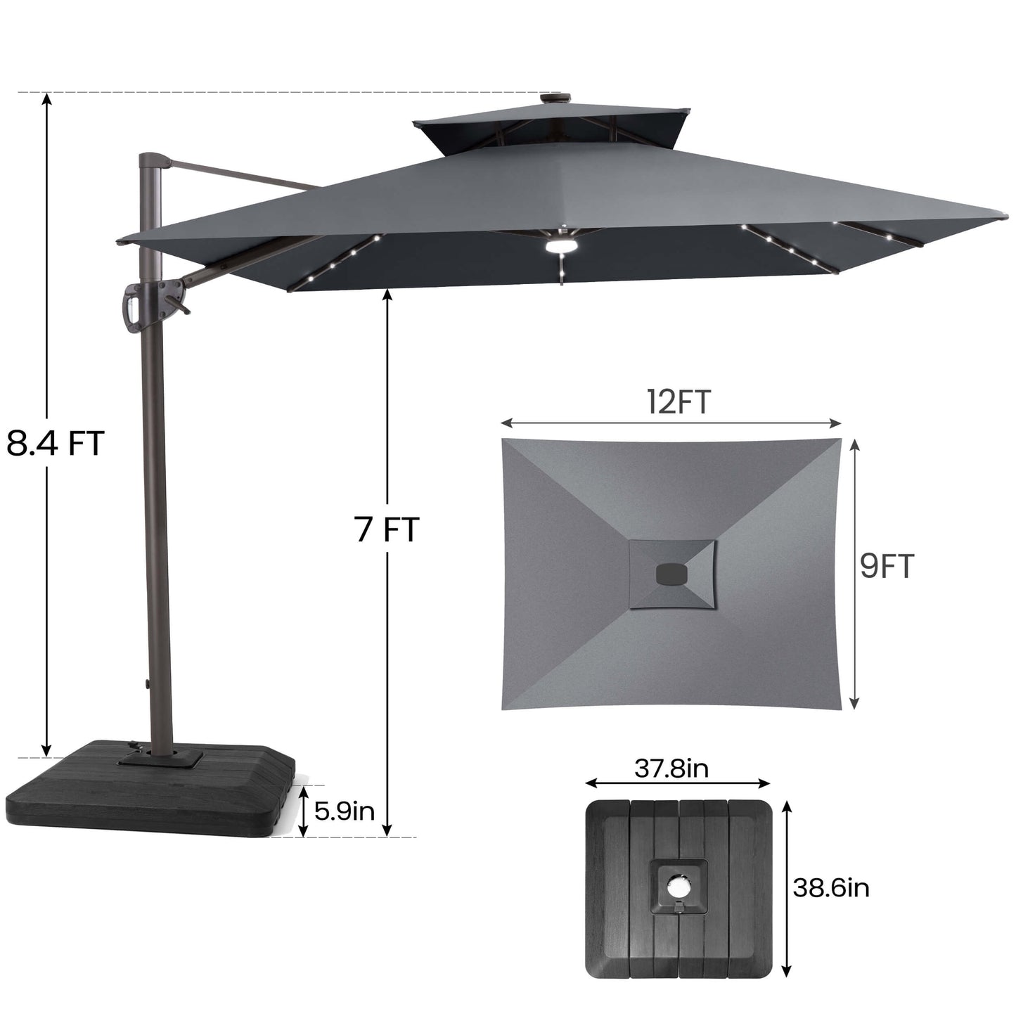 Size guide for Crestlive 12x9 ft grey lighted cantilever umbrella showing 8.4ft total height and low-profile base