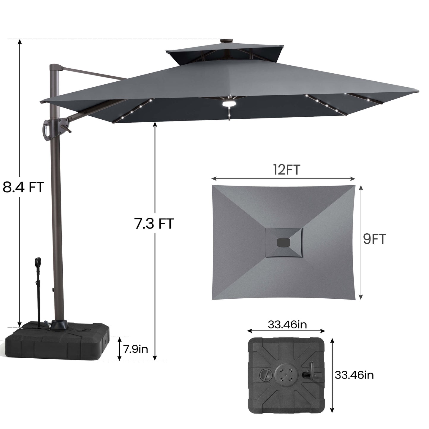 Size guide for Crestlive 12x9 ft grey lighted cantilever umbrella showing 8.4ft total height and wheeled base