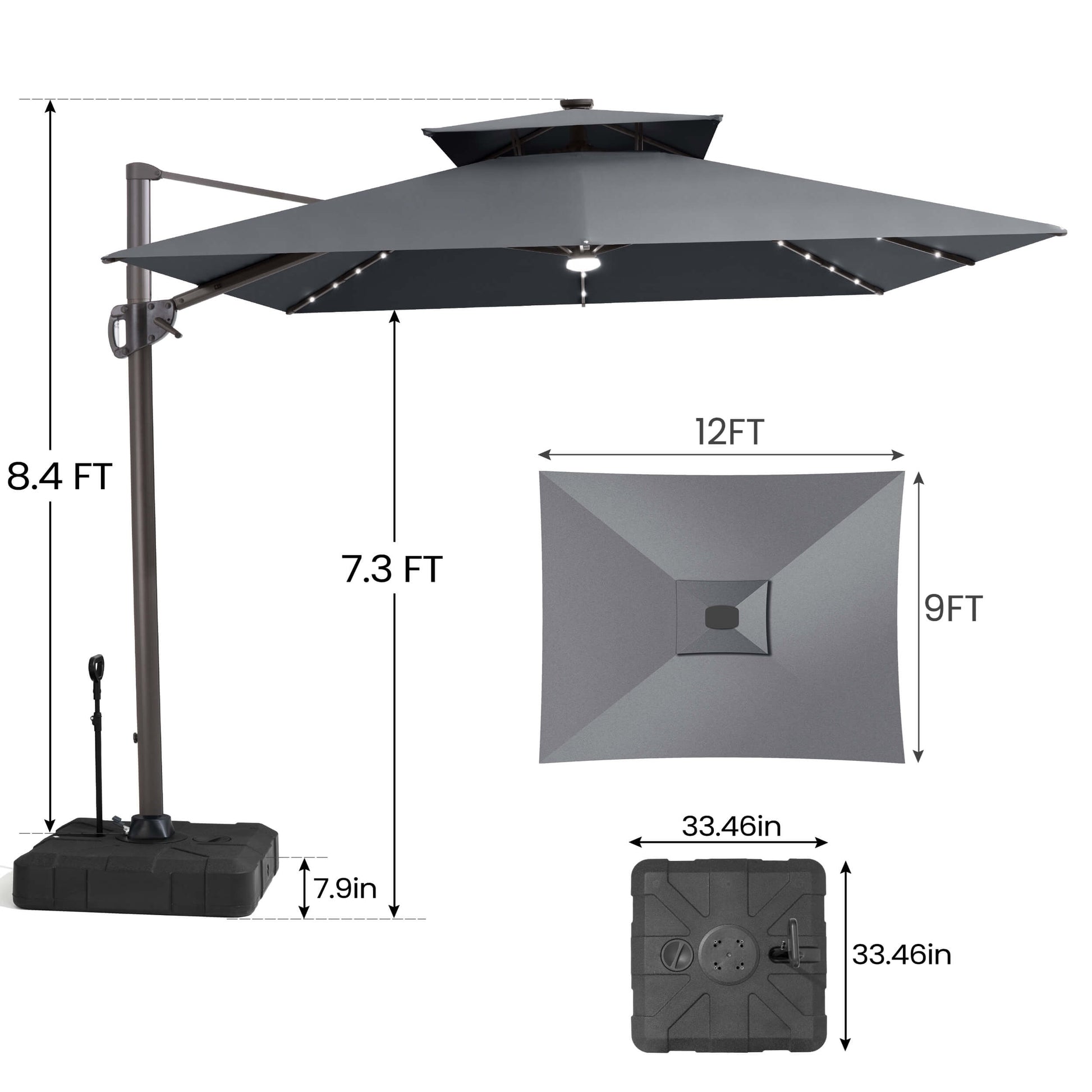 Size guide for Crestlive 12x9 ft grey lighted cantilever umbrella showing 8.4ft total height and wheeled base