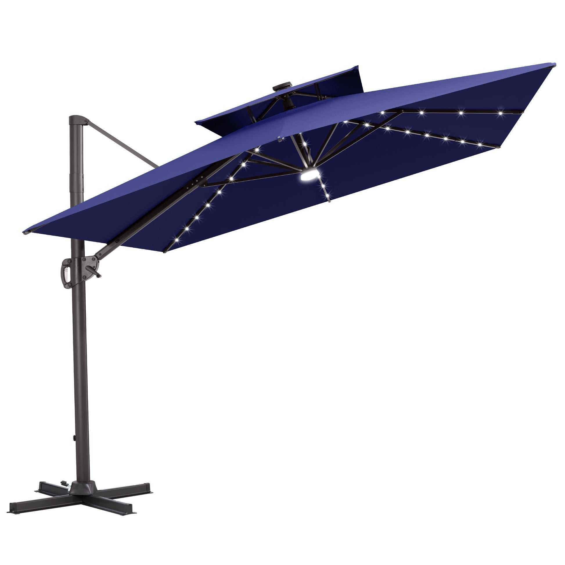 Tilted Crestlive 12x9 ft navy blue lighted cantilever patio umbrella with solar LED lights and steel cross base