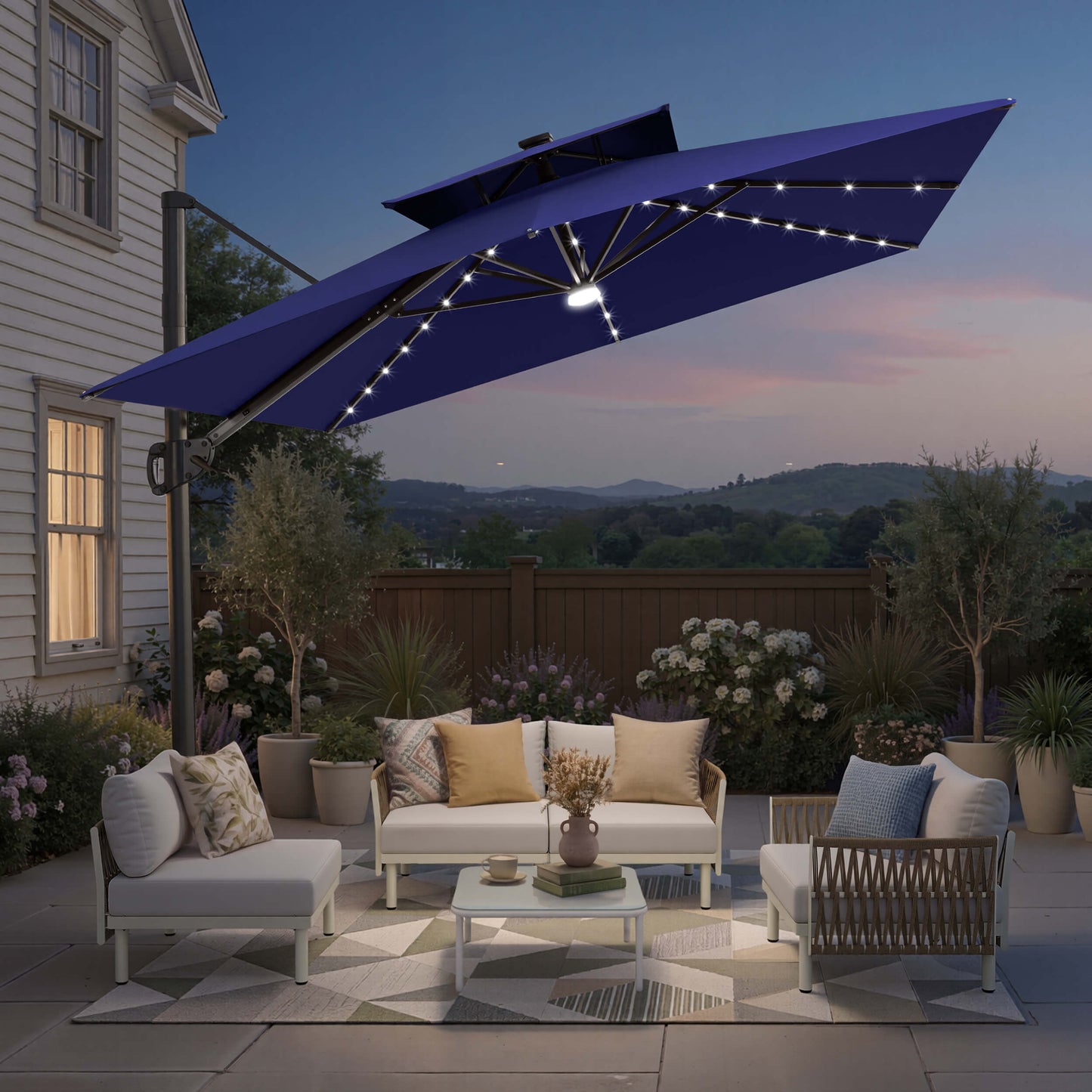 Dimension guide for Crestlive 12x9 ft cross base umbrella showing 8.6ft height and 6.3 in hole distance
