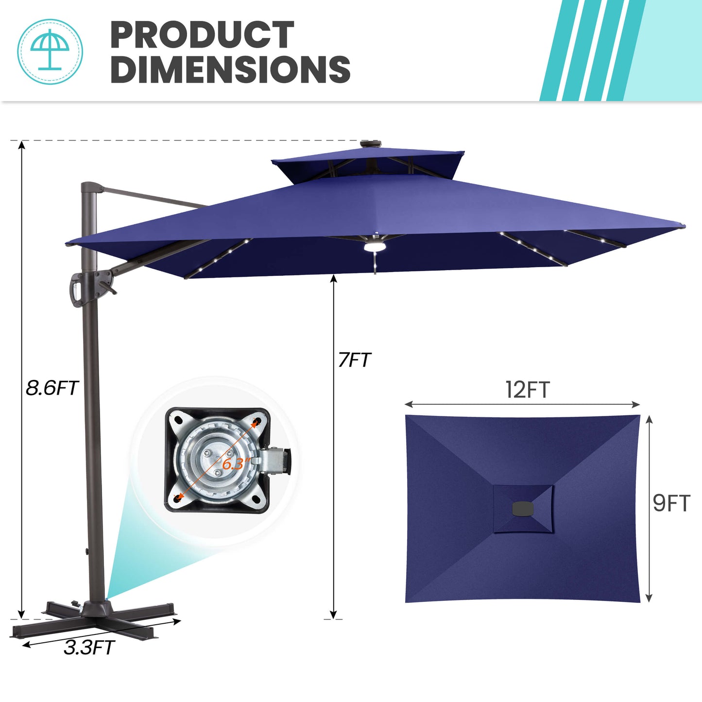 Size guide for Crestlive 12x9 ft navy blue lighted cross base umbrella showing 8.6ft height and 6.3 inch hole distance