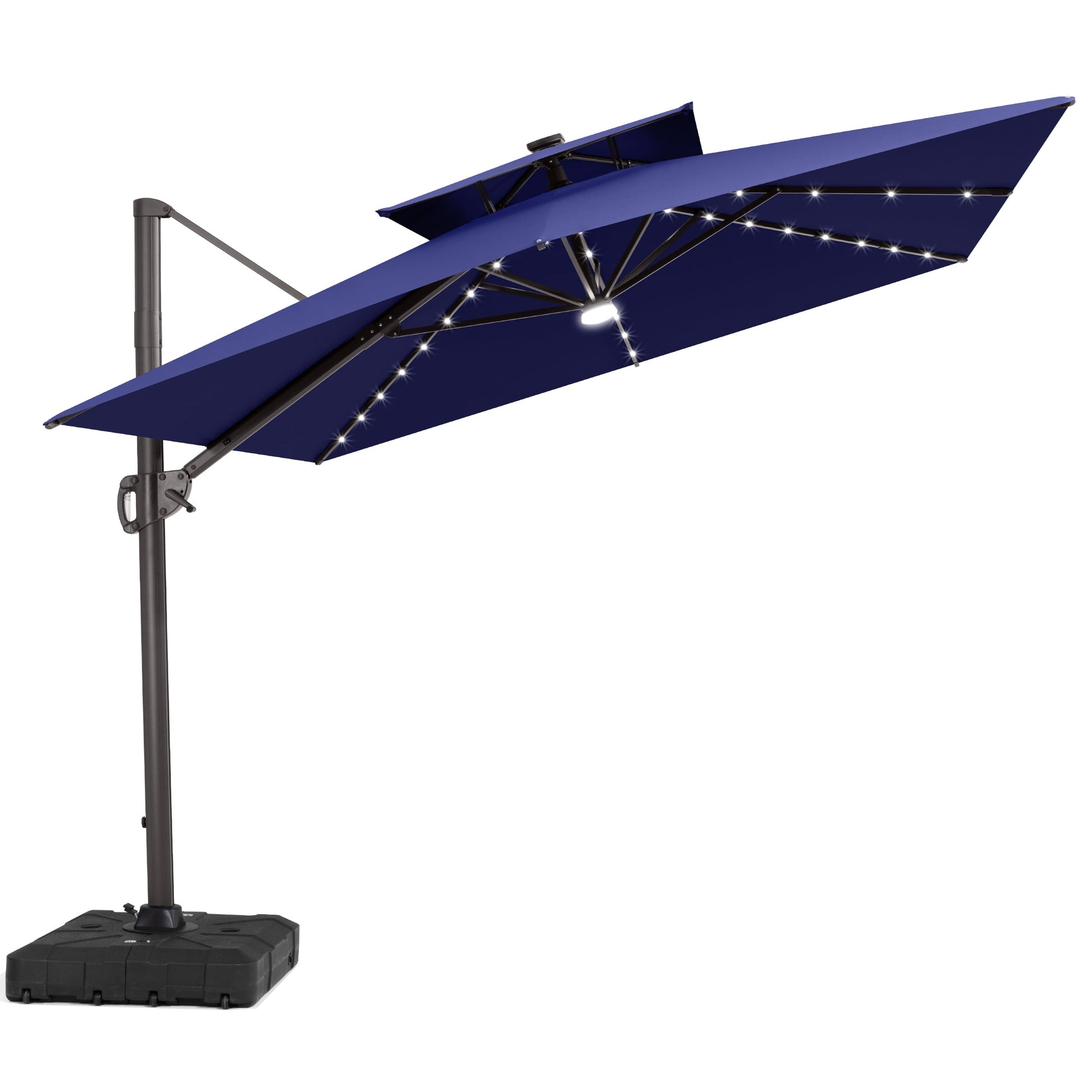 Tilted Crestlive 12x9 ft navy blue lighted cantilever patio umbrella with solar LED lights and heavy-duty base