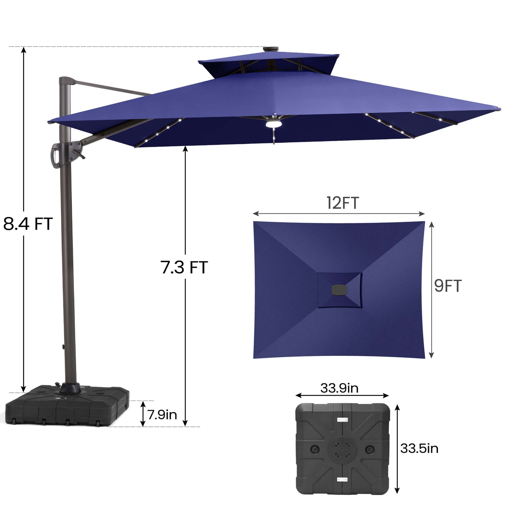Size guide for Crestlive 12x9 ft navy blue lighted cantilever umbrella showing 8.4ft total height and base dimensions