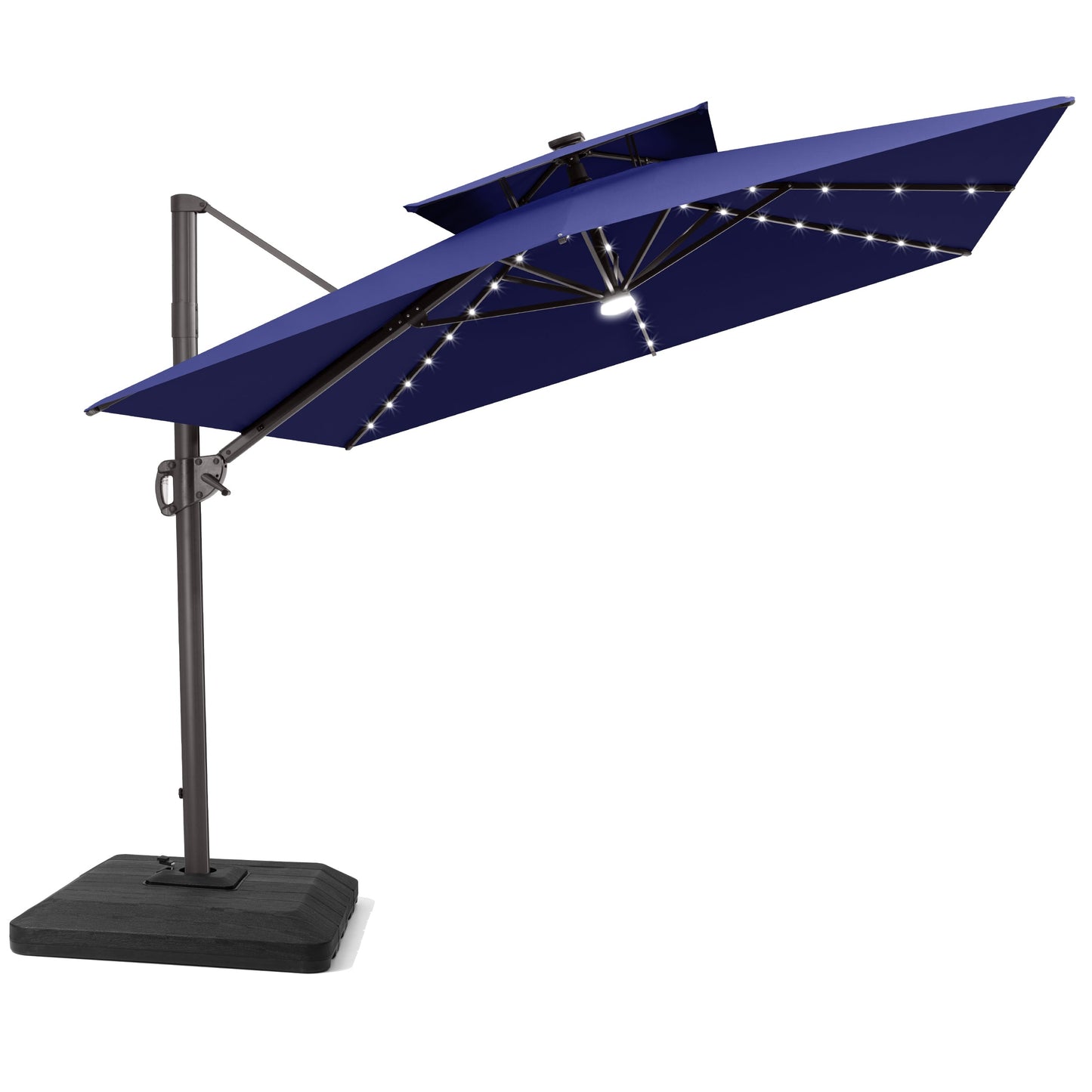 Tilted Crestlive 12x9 ft navy blue lighted cantilever patio umbrella with solar LED lights and low-profile base