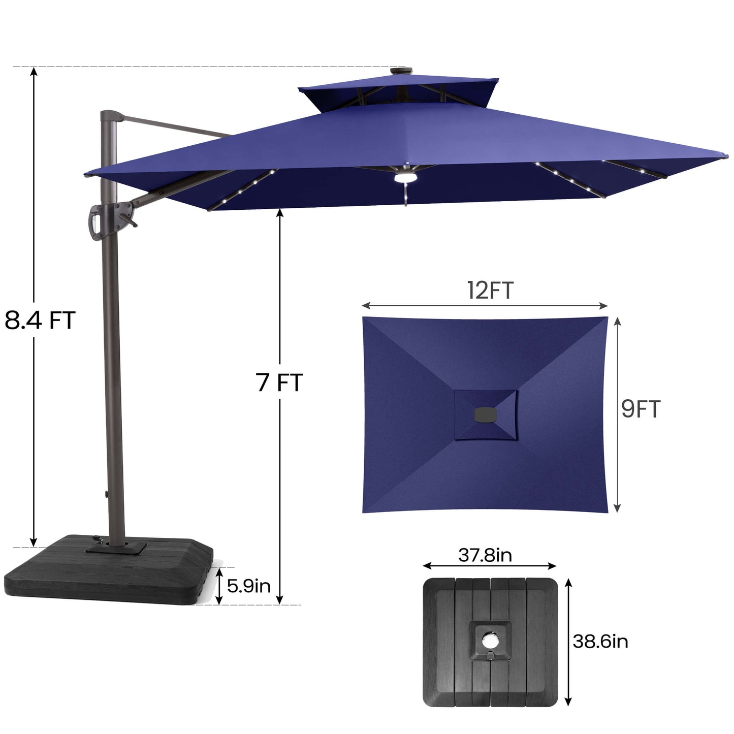 Size guide for Crestlive 12x9 ft navy blue lighted cantilever umbrella showing 8.4ft total height and low-profile base