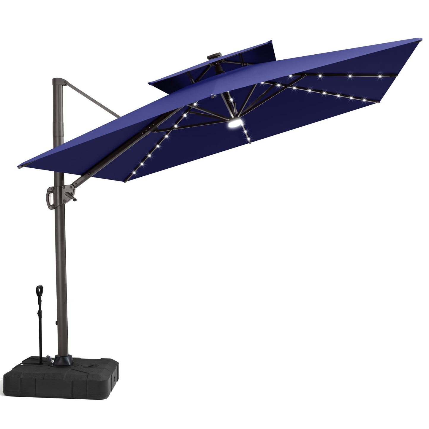 Tilted Crestlive 12x9 ft navy blue lighted cantilever patio umbrella with solar LED lights and wheeled base