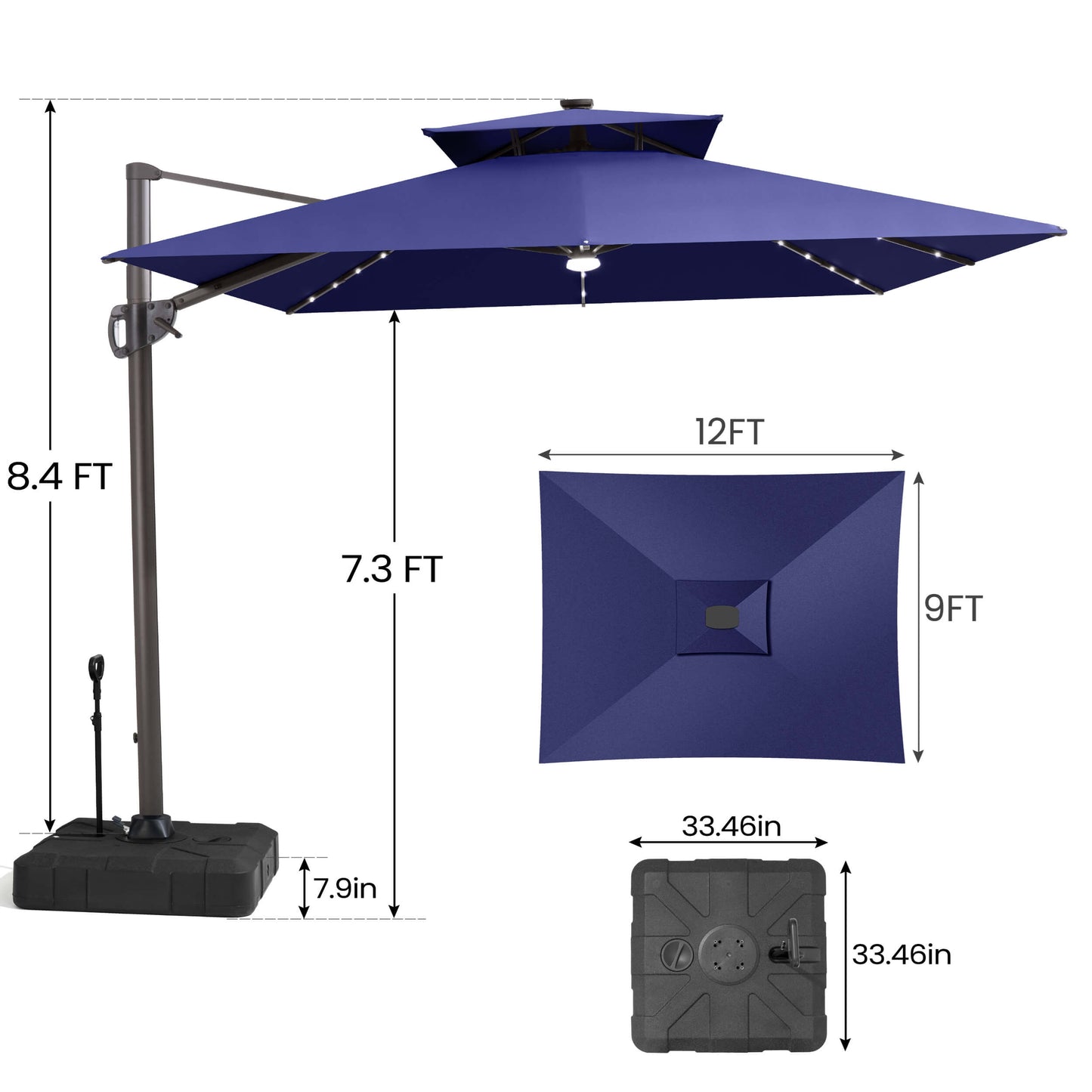 Size guide for Crestlive 12x9 ft navy blue lighted cantilever umbrella showing 8.4ft total height and wheeled base